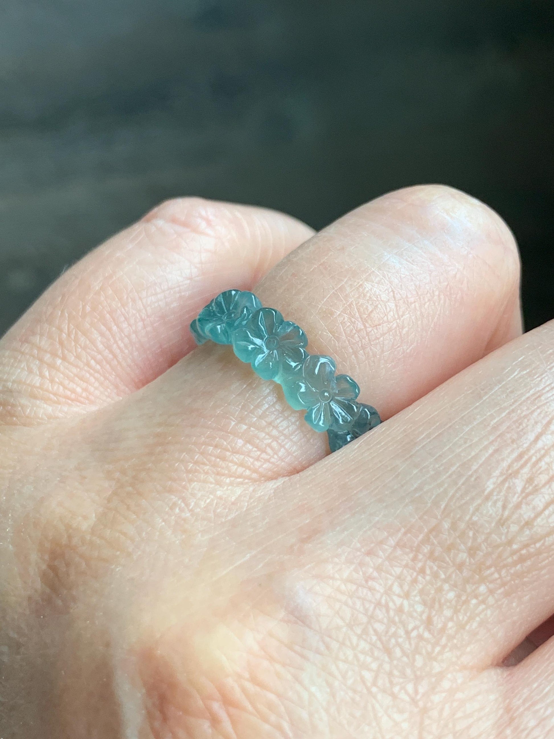 Grade A Natural Guatemalan Icy Translucent Teal Blue Jade Jadeite Carved Cherry Blossom Band Ring Size 6.25 US 天然冰胶危蓝翡翠梅花戒圈 WMH330A
