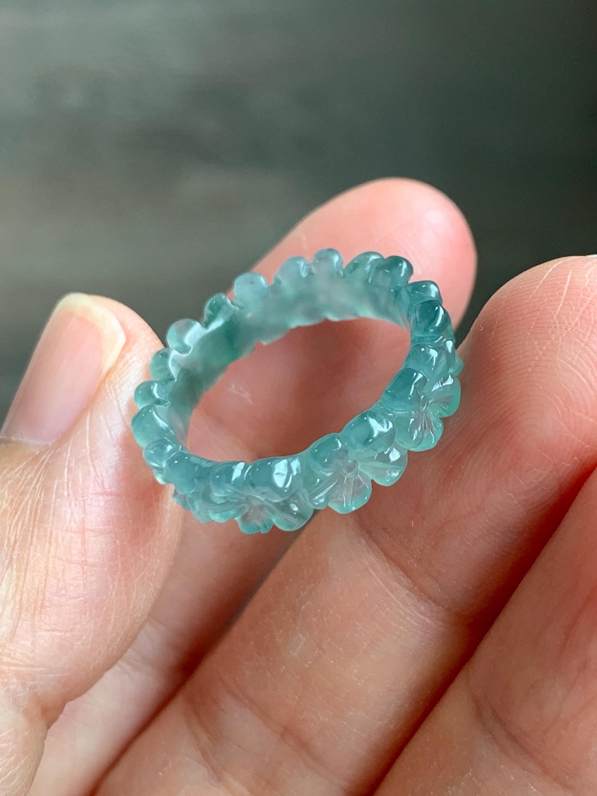 Grade A Natural Guatemalan Icy Translucent Teal Blue Jade Jadeite Carved Cherry Blossom Band Ring Size 6.25 US 天然冰胶危蓝翡翠梅花戒圈 WMH330A