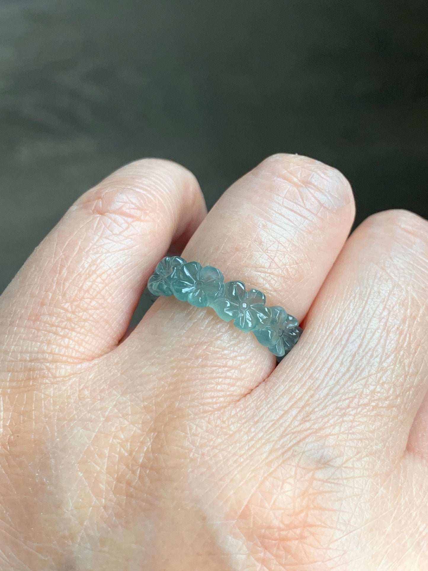 Grade A Natural Guatemalan Icy Translucent Teal Blue Jade Jadeite Carved Cherry Blossom Band Ring Size 6.25 US 天然冰胶危蓝翡翠梅花戒圈 WMH330A