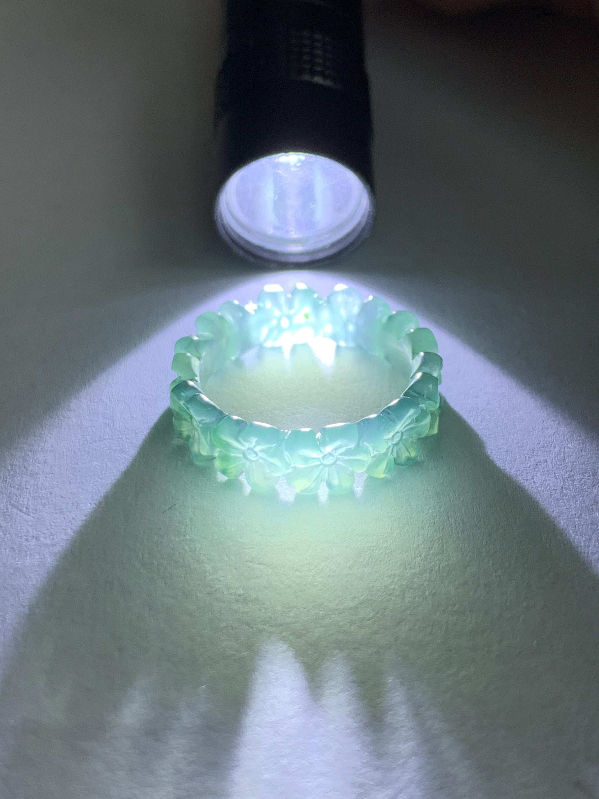 Grade A Natural Guatemalan Icy Translucent Teal Blue Jade Jadeite Carved Cherry Blossom Band Ring Size 6.25 US 天然冰胶危蓝翡翠梅花戒圈 WMH330A