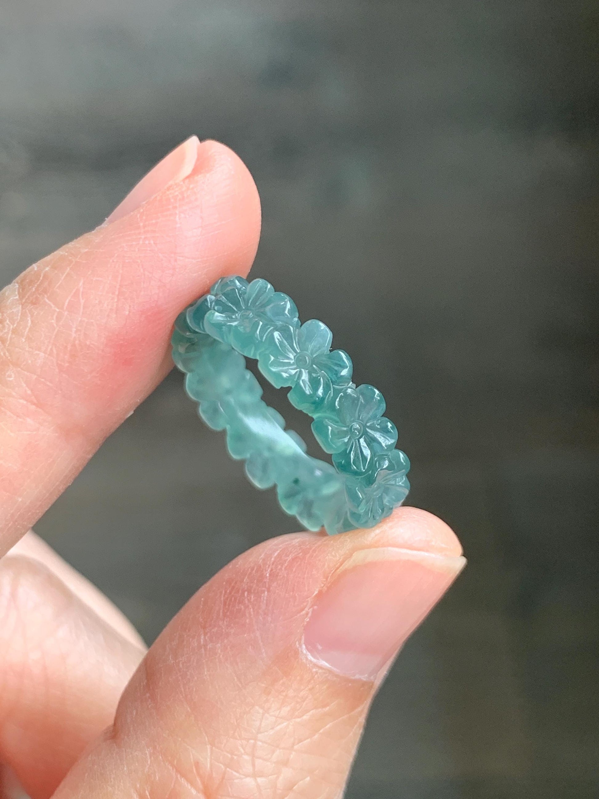 Grade A Natural Guatemalan Icy Translucent Teal Blue Jade Jadeite Carved Cherry Blossom Band Ring Size 6.25 US 天然冰胶危蓝翡翠梅花戒圈 WMH330A