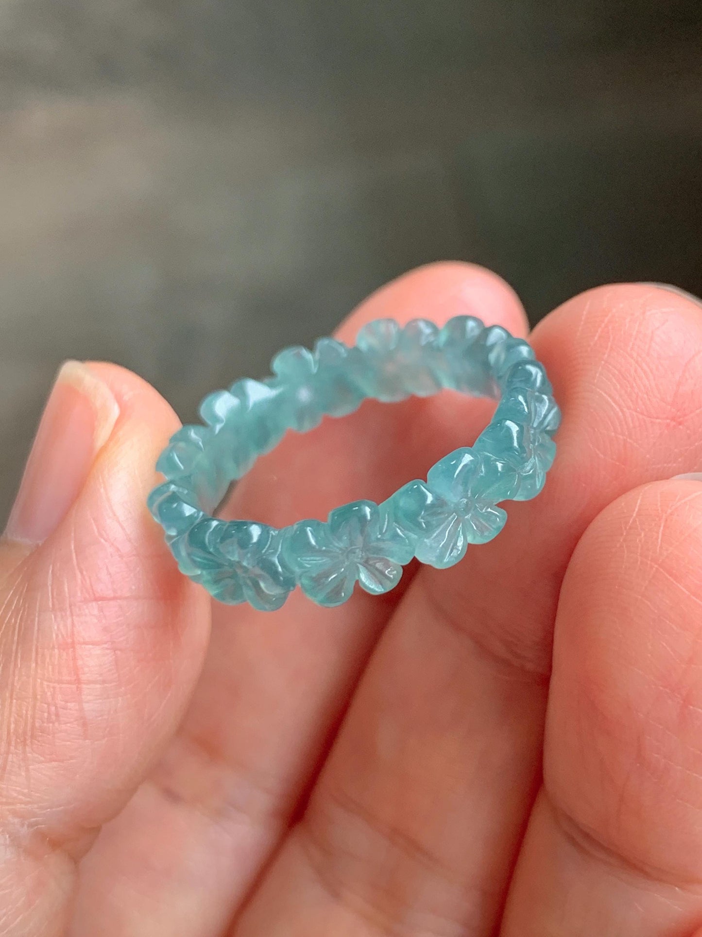 Grade A Natural Guatemalan Icy Translucent Teal Blue Jade Jadeite Carved Cherry Blossom Band Ring Size 9.25 US 天然冰胶危蓝翡翠梅花戒圈 WMH330B