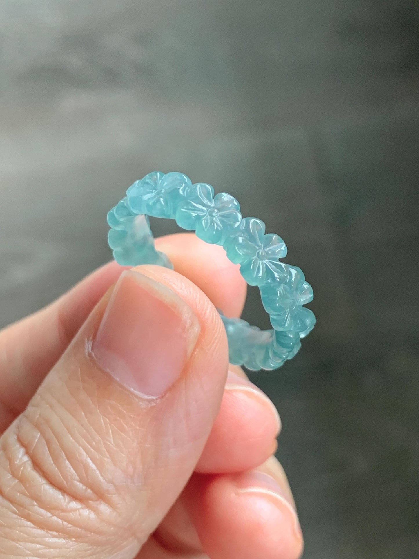 Grade A Natural Guatemalan Icy Translucent Teal Blue Jade Jadeite Carved Cherry Blossom Band Ring Size 9.25 US 天然冰胶危蓝翡翠梅花戒圈 WMH330B