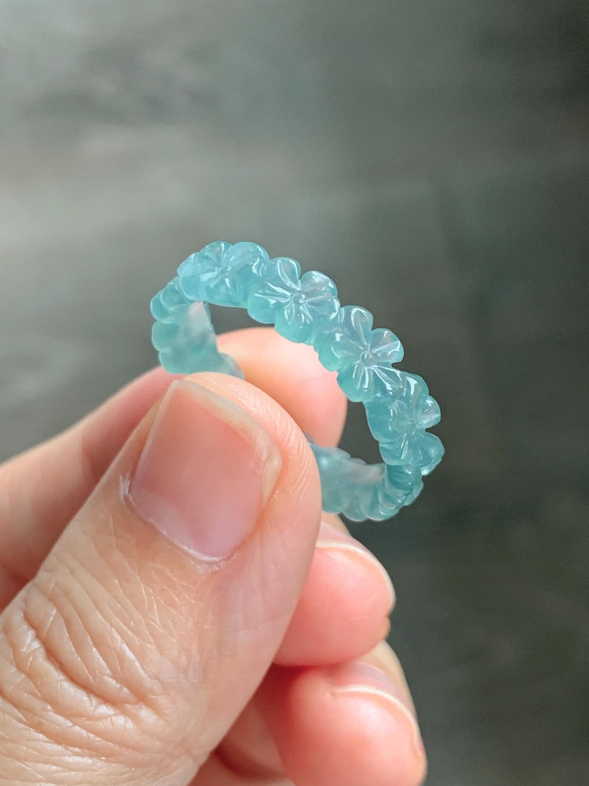 Grade A Natural Guatemalan Icy Translucent Teal Blue Jade Jadeite Carved Cherry Blossom Band Ring Size 9.25 US 天然冰胶危蓝翡翠梅花戒圈 WMH330B