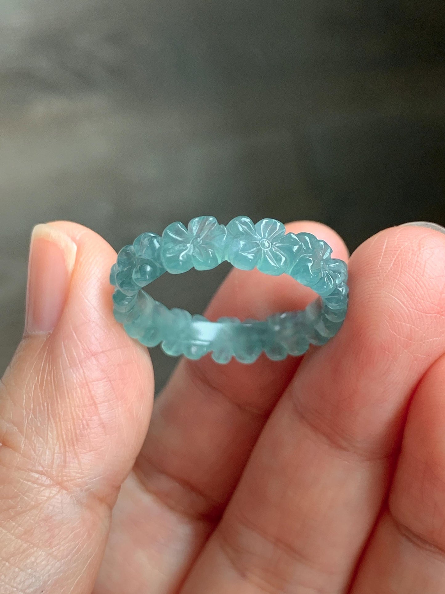 Grade A Natural Guatemalan Icy Translucent Teal Blue Jade Jadeite Carved Cherry Blossom Band Ring Size 9.25 US 天然冰胶危蓝翡翠梅花戒圈 WMH330B