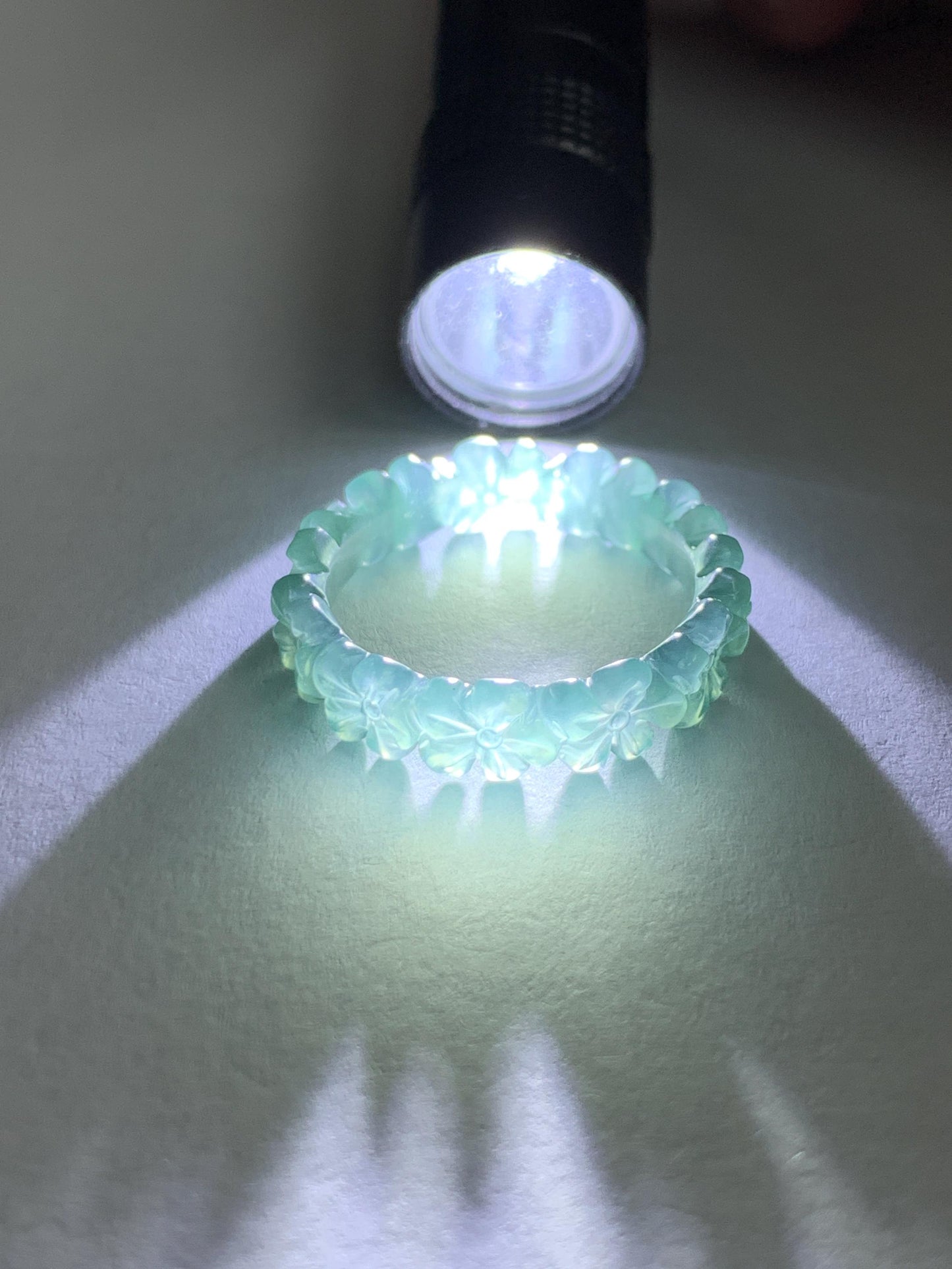 Grade A Natural Guatemalan Icy Translucent Teal Blue Jade Jadeite Carved Cherry Blossom Band Ring Size 9.25 US 天然冰胶危蓝翡翠梅花戒圈 WMH330B