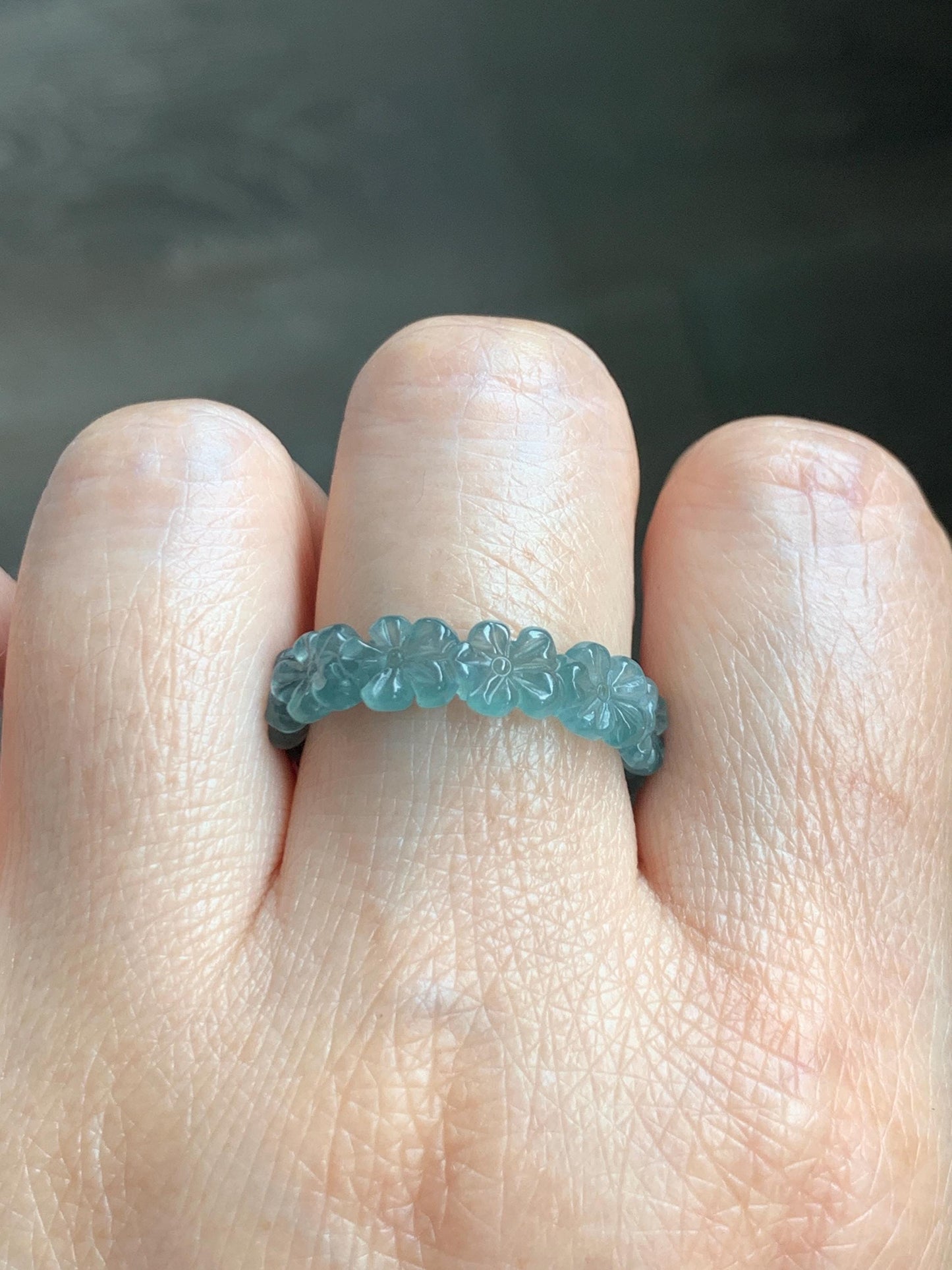 Grade A Natural Guatemalan Icy Translucent Teal Blue Jade Jadeite Carved Cherry Blossom Band Ring Size 9.25 US 天然冰胶危蓝翡翠梅花戒圈 WMH330B