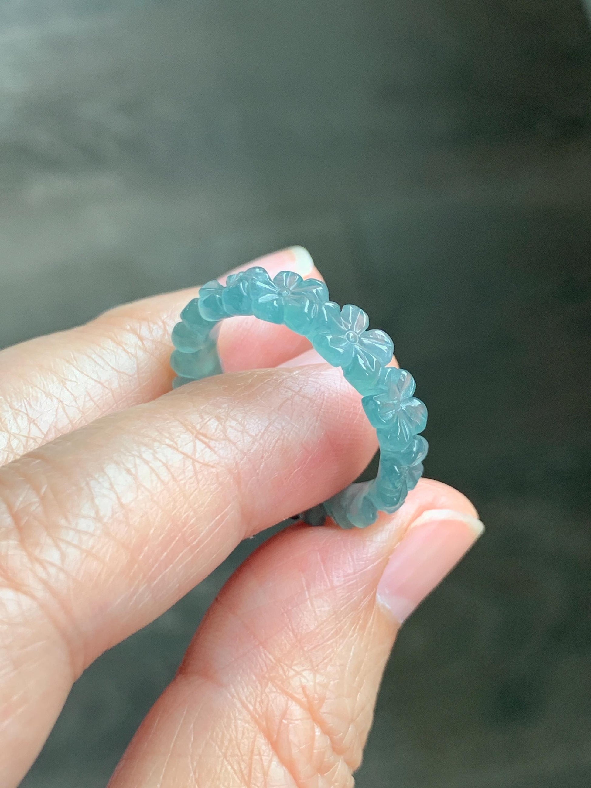 Grade A Natural Guatemalan Icy Translucent Teal Blue Jade Jadeite Carved Cherry Blossom Band Ring Size 9.25 US 天然冰胶危蓝翡翠梅花戒圈 WMH330B