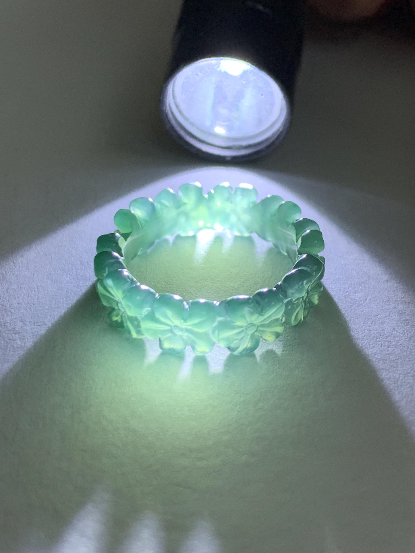 Grade A Natural Guatemalan Icy Translucent Dark Teal Green Jade Jadeite Carved Cherry Blossom Band Ring Size 5.5 US 天然冰胶危蓝绿翡翠梅花戒圈 WMH330C