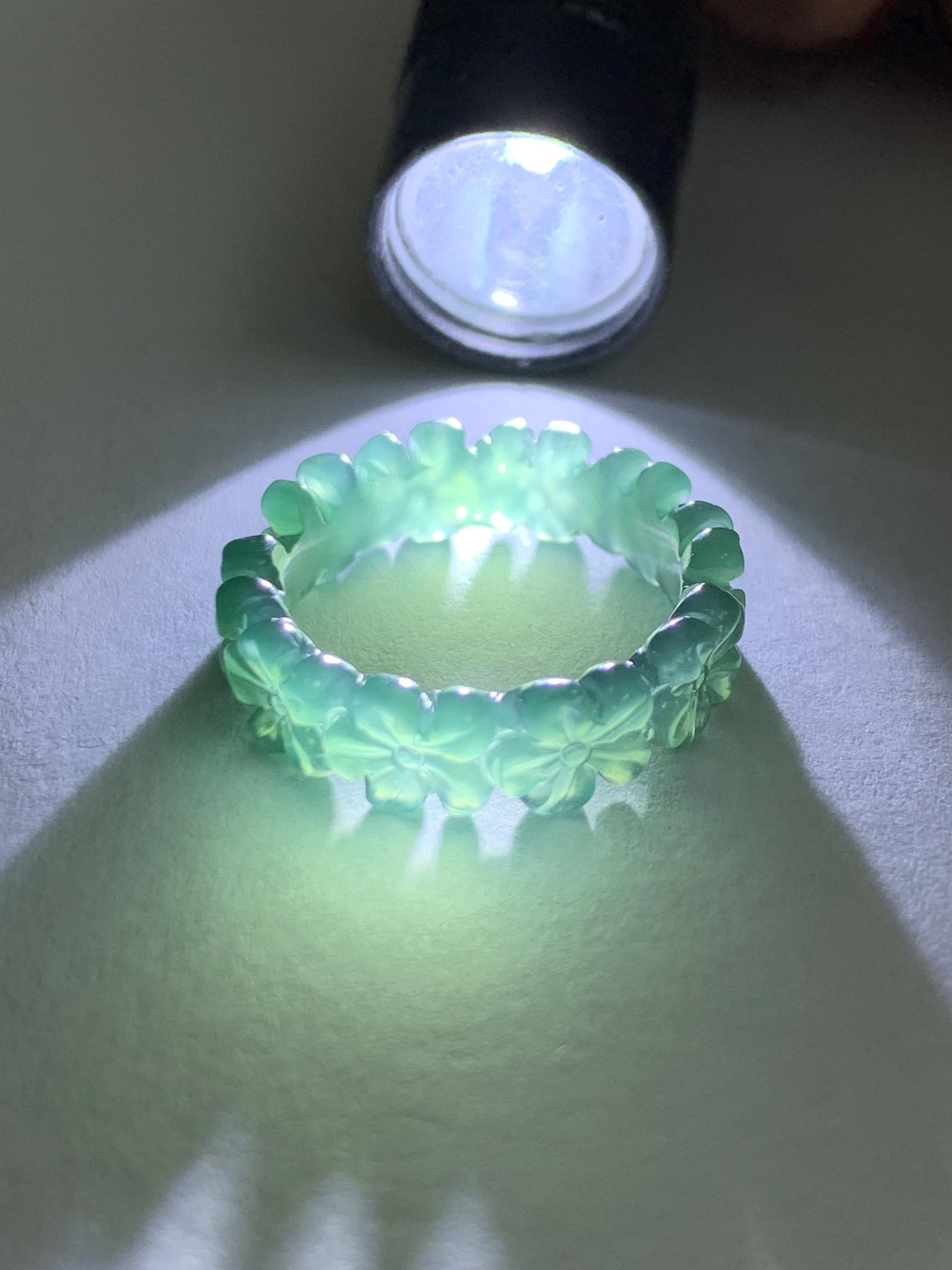 Grade A Natural Guatemalan Icy Translucent Dark Teal Green Jade Jadeite Carved Cherry Blossom Band Ring Size 5.5 US 天然冰胶危蓝绿翡翠梅花戒圈 WMH330C