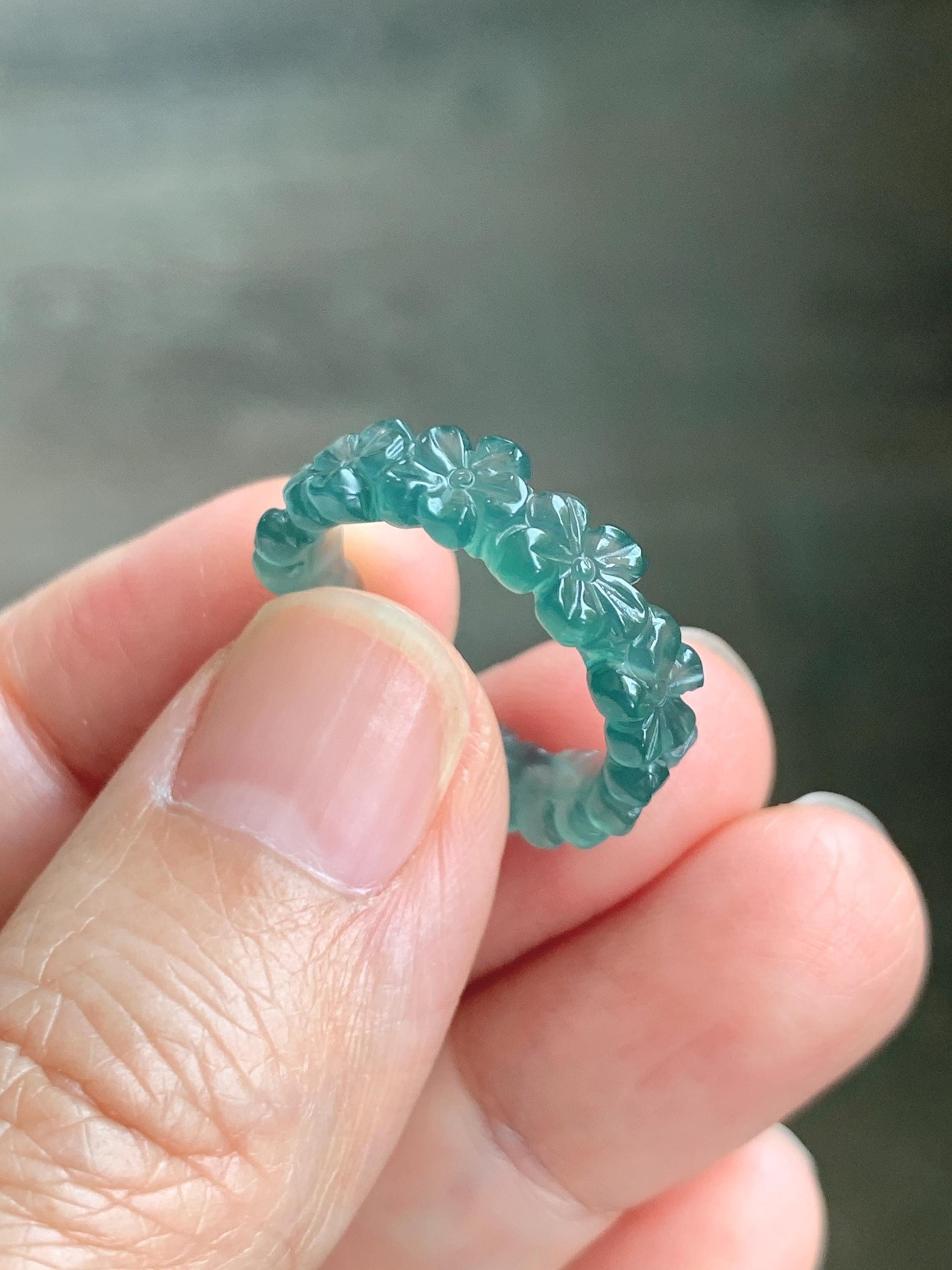 Grade A Natural Guatemalan Icy Translucent Dark Teal Green Jade Jadeite Carved Cherry Blossom Band Ring Size 5.5 US 天然冰胶危蓝绿翡翠梅花戒圈 WMH330C