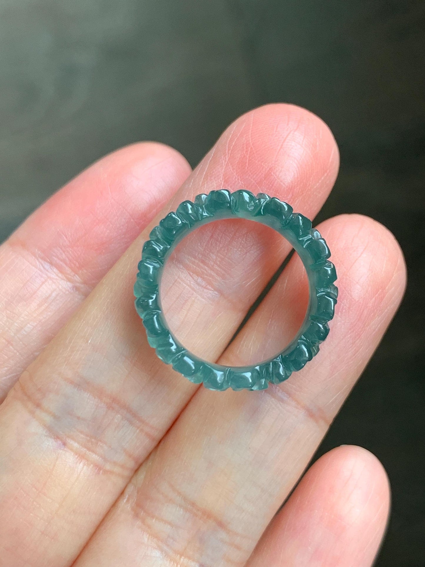 Grade A Natural Guatemalan Icy Translucent Dark Teal Green Jade Jadeite Carved Cherry Blossom Band Ring Size 5.5 US 天然冰胶危蓝绿翡翠梅花戒圈 WMH330C