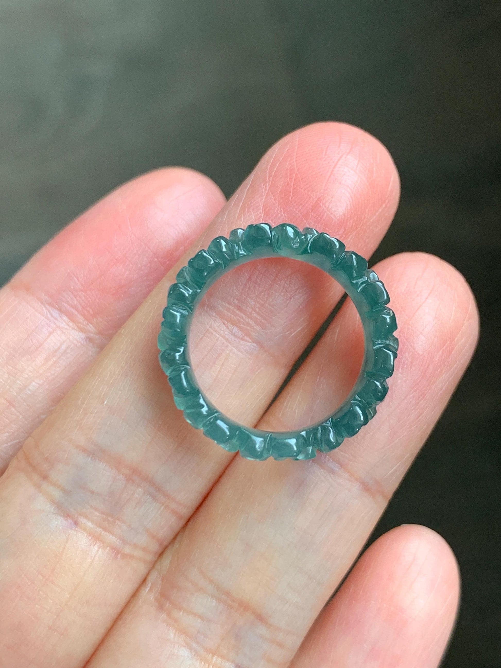 Grade A Natural Guatemalan Icy Translucent Dark Teal Green Jade Jadeite Carved Cherry Blossom Band Ring Size 5.5 US 天然冰胶危蓝绿翡翠梅花戒圈 WMH330C