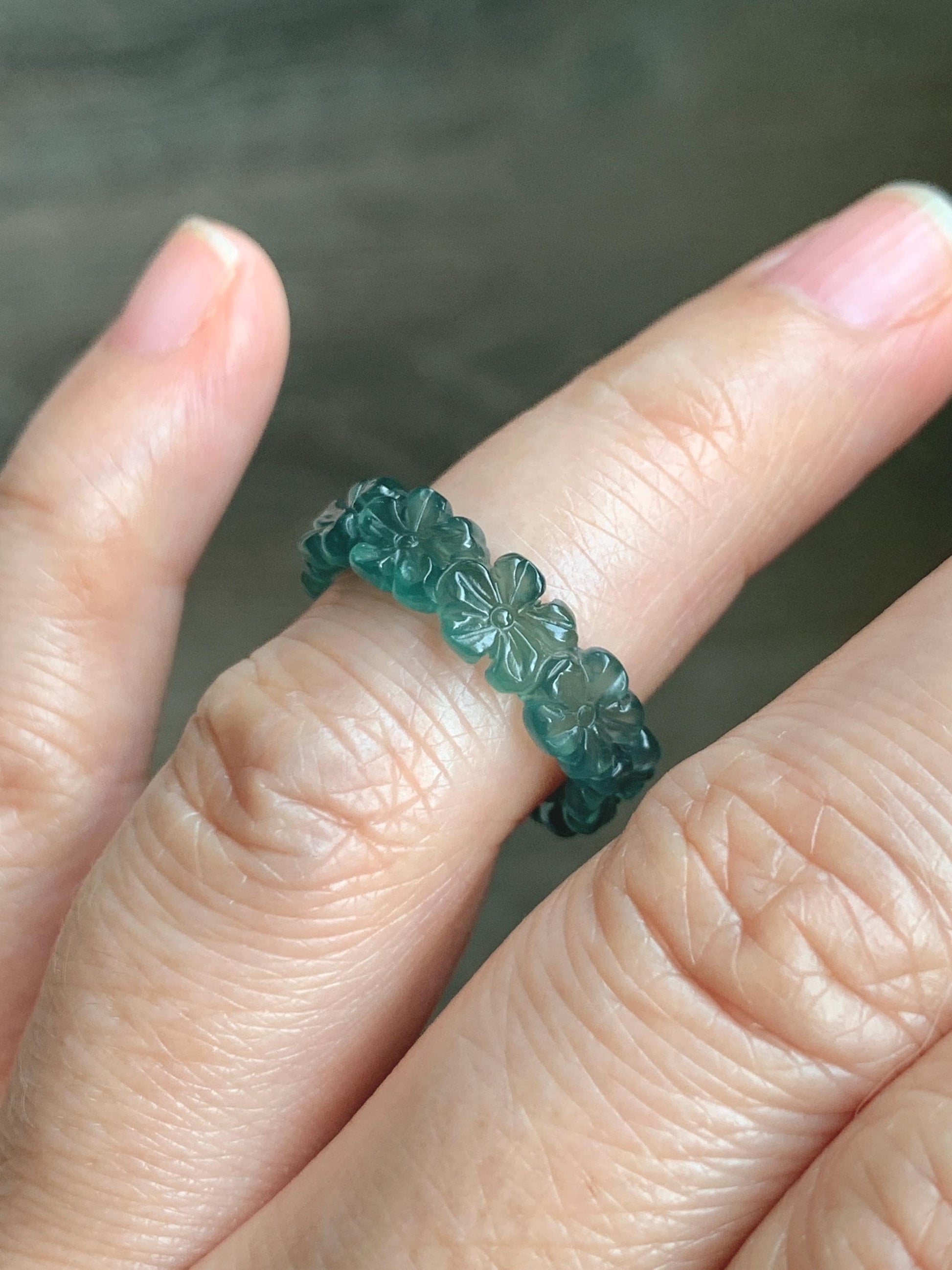 Grade A Natural Guatemalan Icy Translucent Dark Teal Green Jade Jadeite Carved Cherry Blossom Band Ring Size 5.5 US 天然冰胶危蓝绿翡翠梅花戒圈 WMH330C
