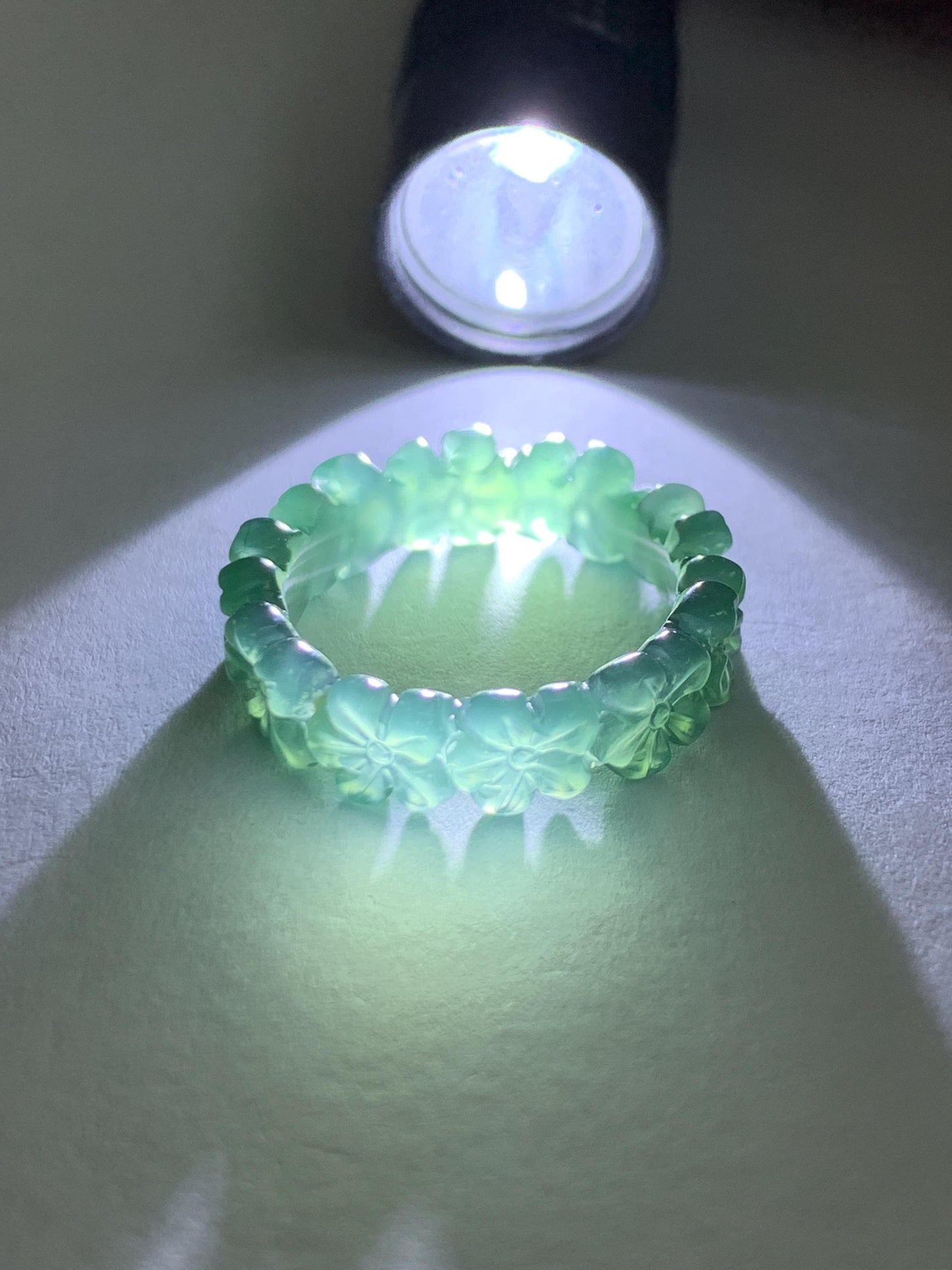 Grade A Natural Guatemalan Icy Translucent Dark Teal Green Jade Jadeite Carved Cherry Blossom Band Ring Size 5.5 US 天然冰胶危蓝绿翡翠梅花戒圈 WMH330C