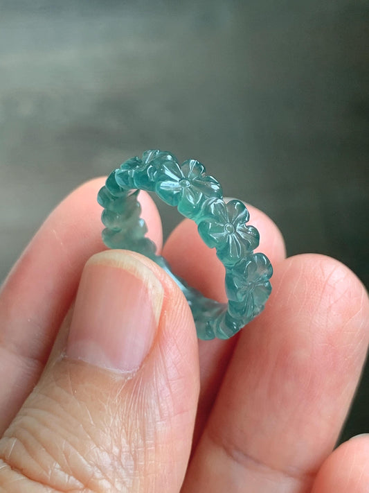 Grade A Natural Guatemalan Icy Translucent Dark Teal Green Jade Jadeite Carved Cherry Blossom Band Ring Size 5.5 US 天然冰胶危蓝绿翡翠梅花戒圈 WMH330C