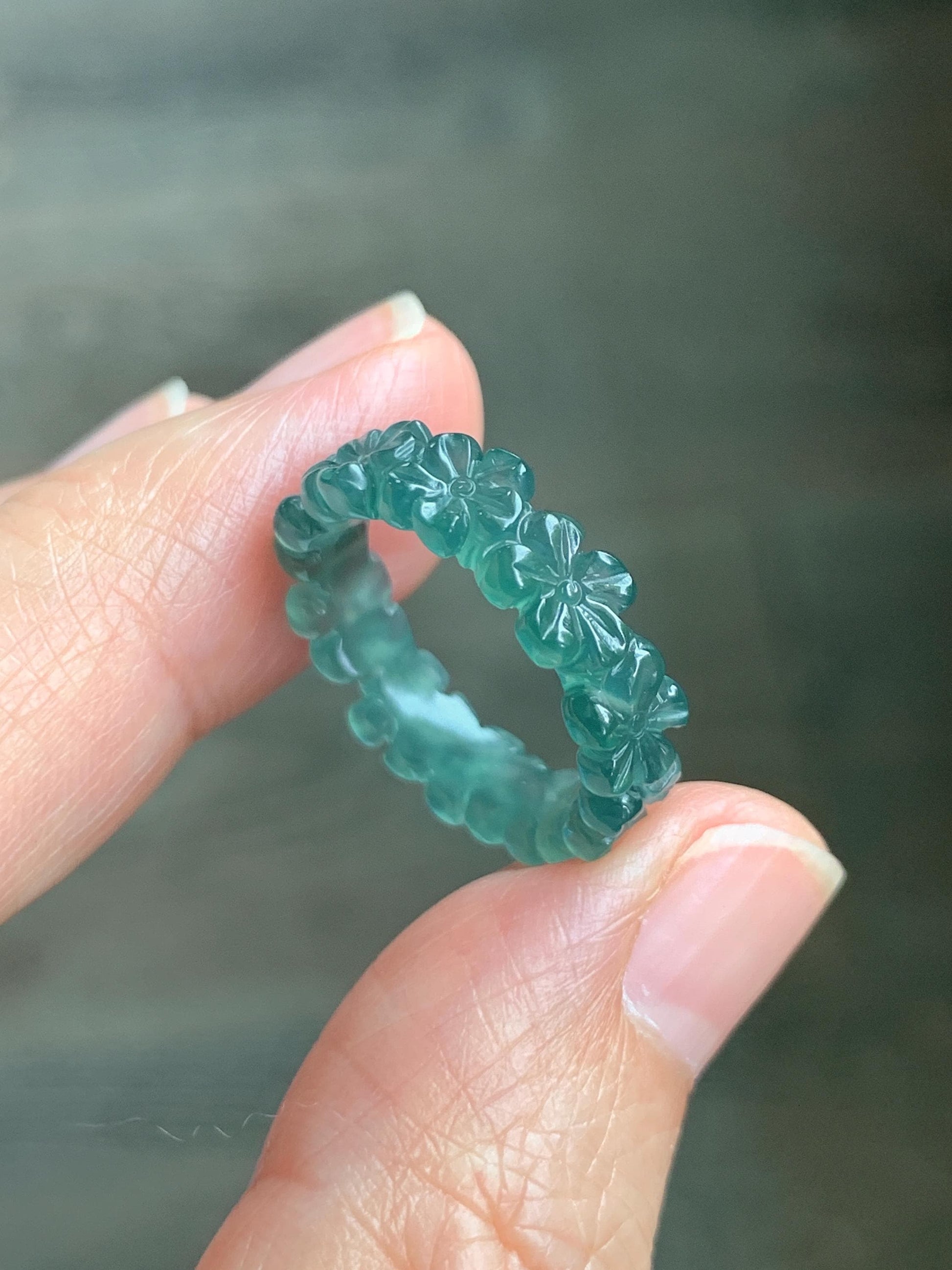 Grade A Natural Guatemalan Icy Translucent Dark Teal Green Jade Jadeite Carved Cherry Blossom Band Ring Size 5.5 US 天然冰胶危蓝绿翡翠梅花戒圈 WMH330C