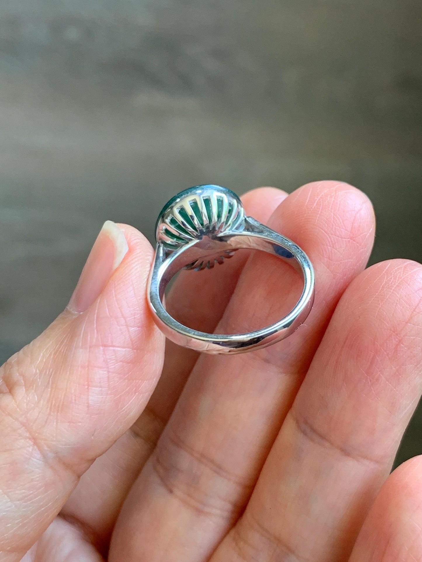 Certified Natural Grade A Icy Translucent Green Marbled Jade Jadeite Donut Ping An Kou Ring Sterling Silver Size 7 US 4g 天然冰飘绿翡翠平安扣银镶戒指 238