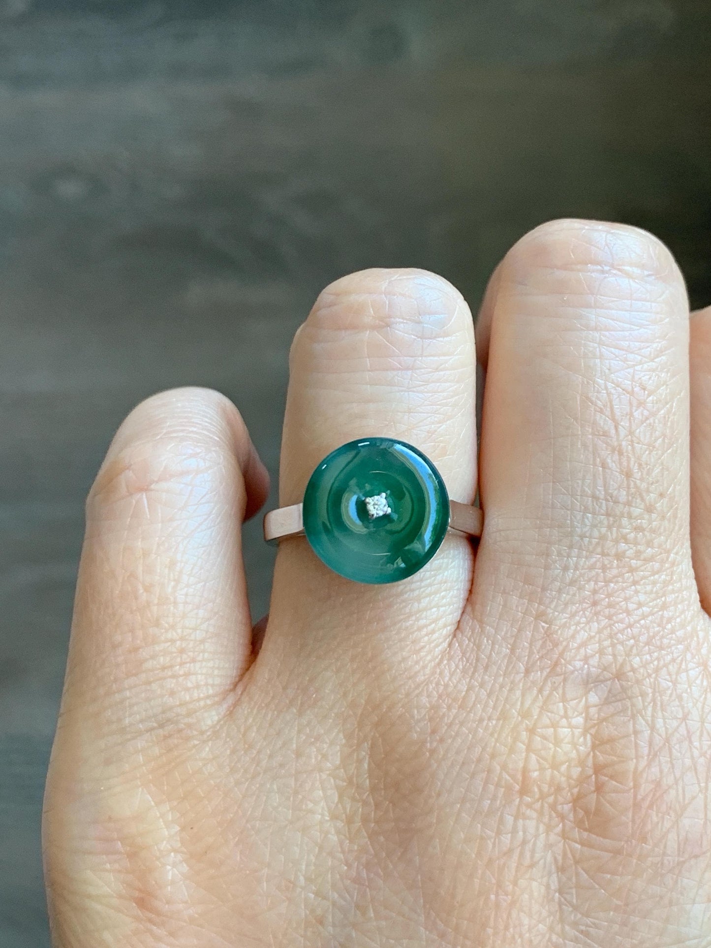 Certified Natural Grade A Icy Translucent Green Marbled Jade Jadeite Donut Ping An Kou Ring Sterling Silver Size 7 US 4g 天然冰飘绿翡翠平安扣银镶戒指 238