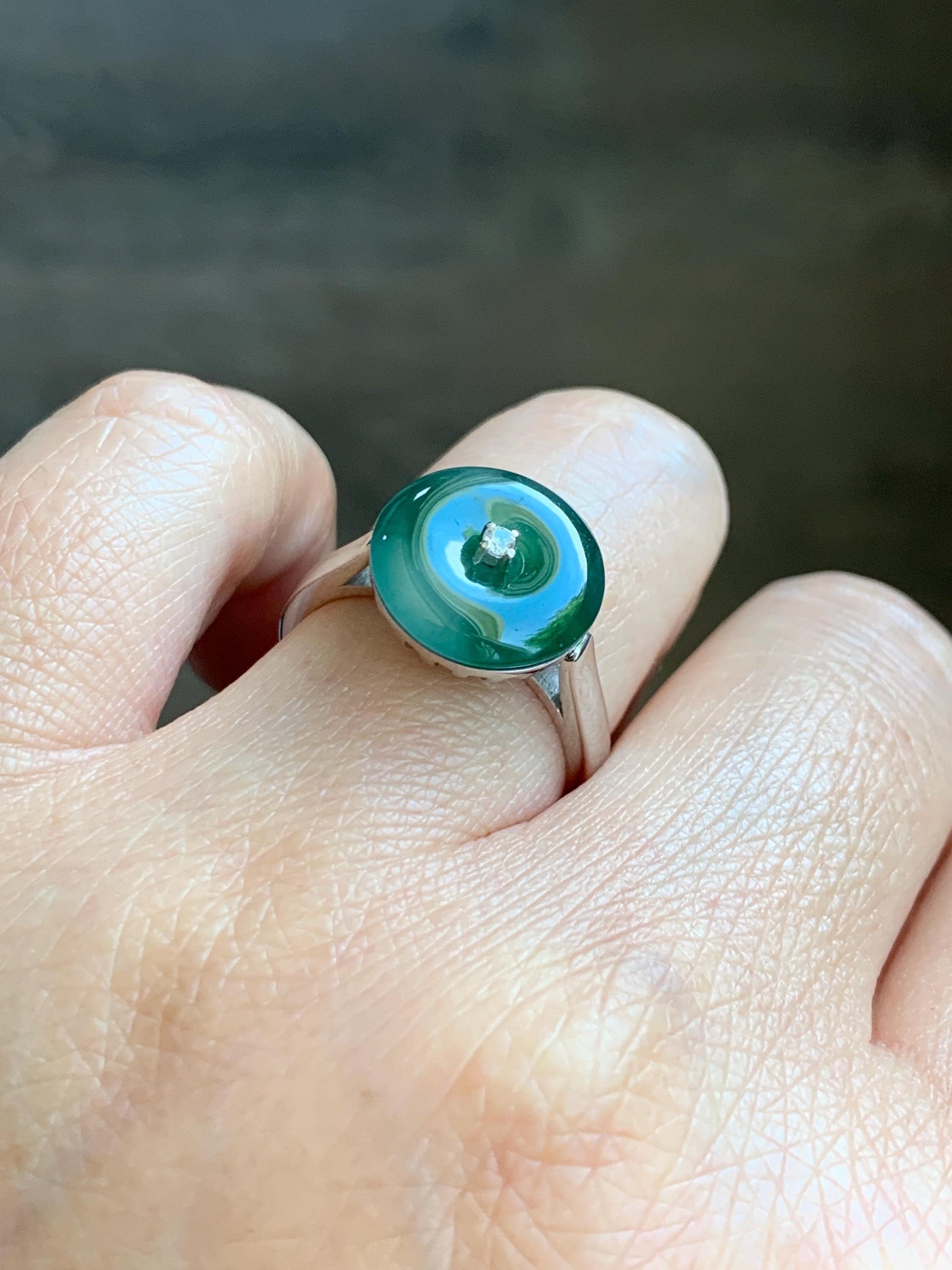 Certified Natural Grade A Icy Translucent Green Marbled Jade Jadeite Donut Ping An Kou Ring Sterling Silver Size 7 US 4g 天然冰飘绿翡翠平安扣银镶戒指 238