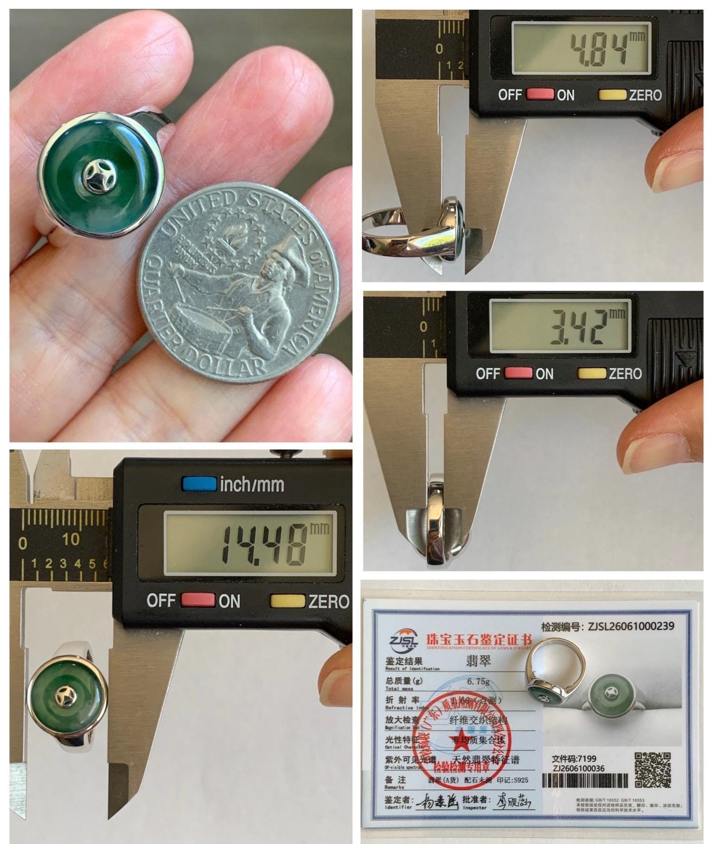 Certified Natural Grade A Icy Translucent Green Marbled Jade Jadeite Donut Ping An Kou Ring Sterling Silver Size 7.25 US 天然冰飘绿翡翠平安扣银镶戒指 239