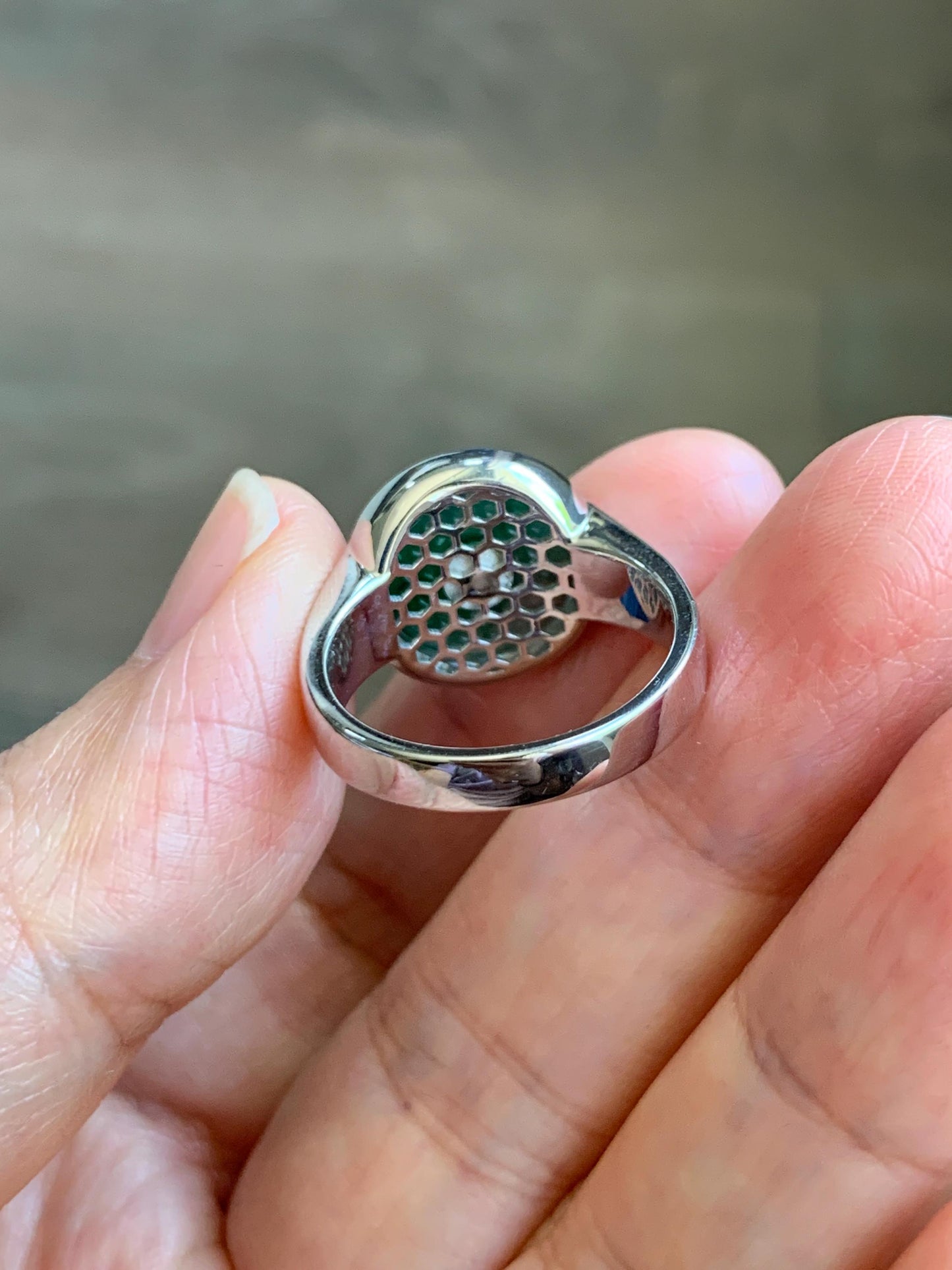 Certified Natural Grade A Icy Translucent Green Marbled Jade Jadeite Donut Ping An Kou Ring Sterling Silver Size 7.25 US 天然冰飘绿翡翠平安扣银镶戒指 239