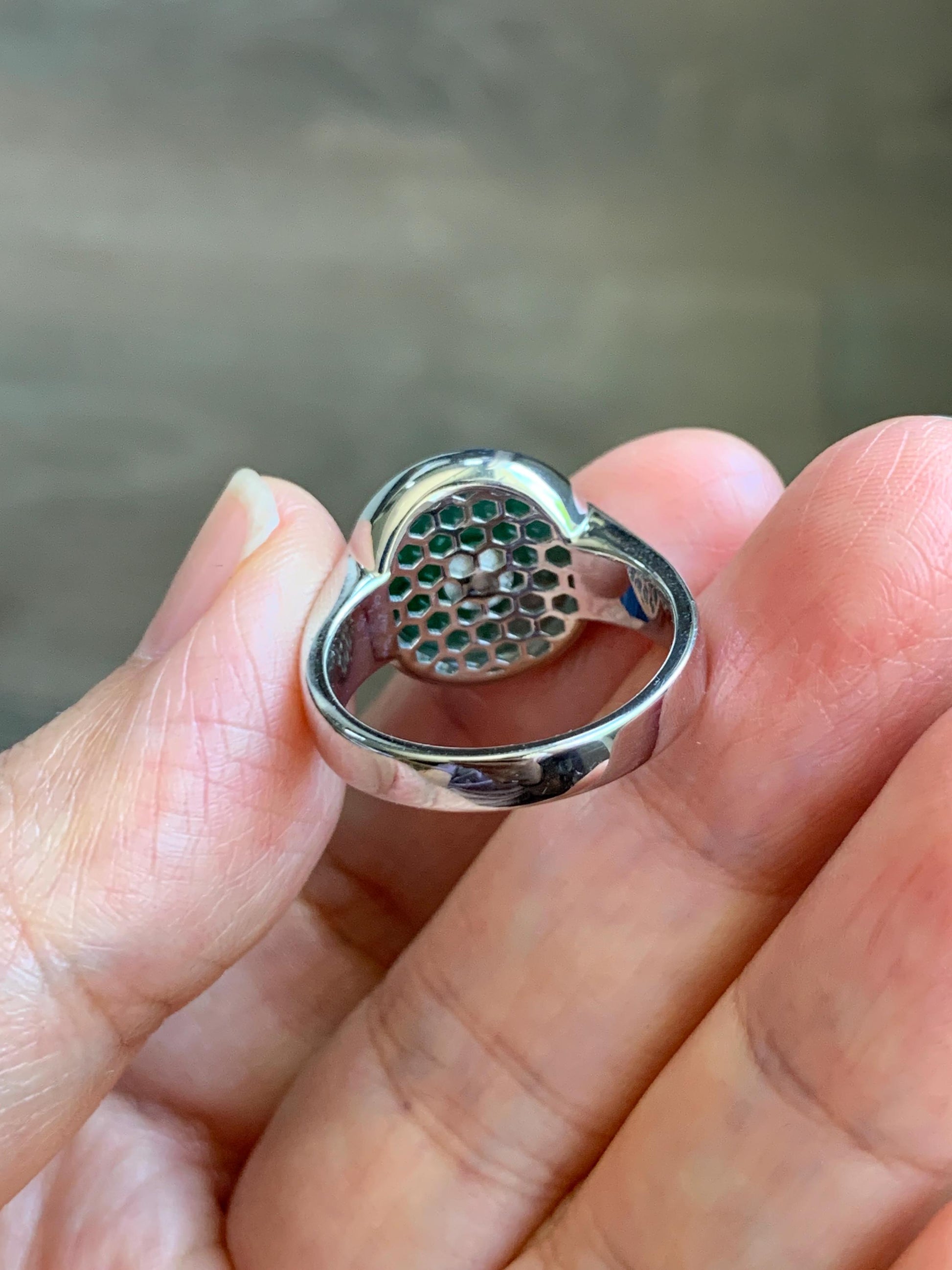 Certified Natural Grade A Icy Translucent Green Marbled Jade Jadeite Donut Ping An Kou Ring Sterling Silver Size 7.25 US 天然冰飘绿翡翠平安扣银镶戒指 239