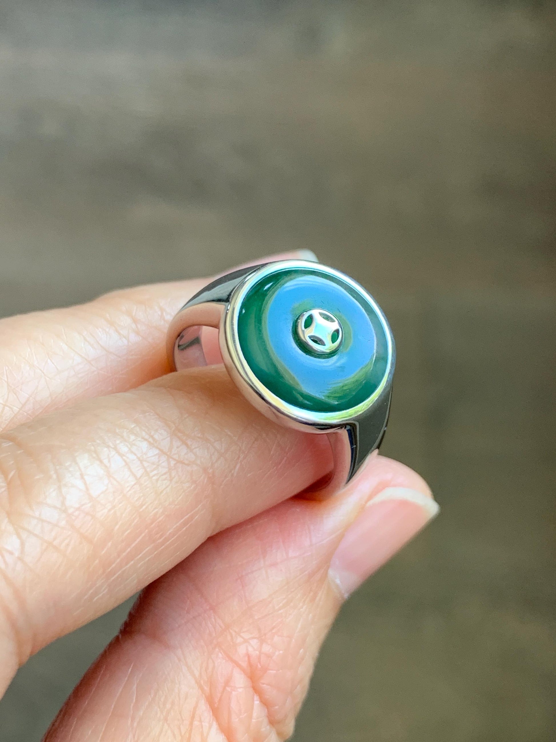 Certified Natural Grade A Icy Translucent Green Marbled Jade Jadeite Donut Ping An Kou Ring Sterling Silver Size 7.25 US 天然冰飘绿翡翠平安扣银镶戒指 239