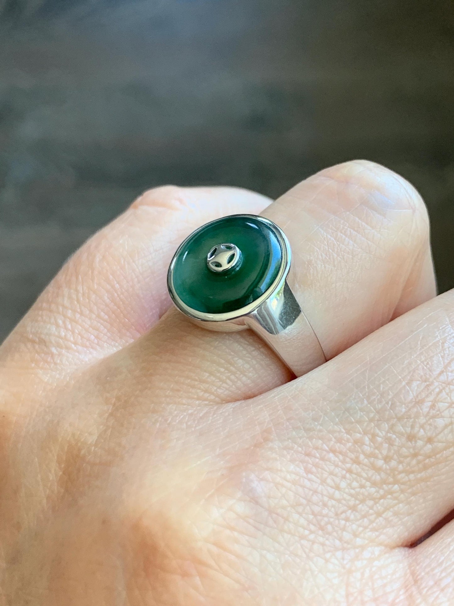 Certified Natural Grade A Icy Translucent Green Marbled Jade Jadeite Donut Ping An Kou Ring Sterling Silver Size 7.25 US 天然冰飘绿翡翠平安扣银镶戒指 239