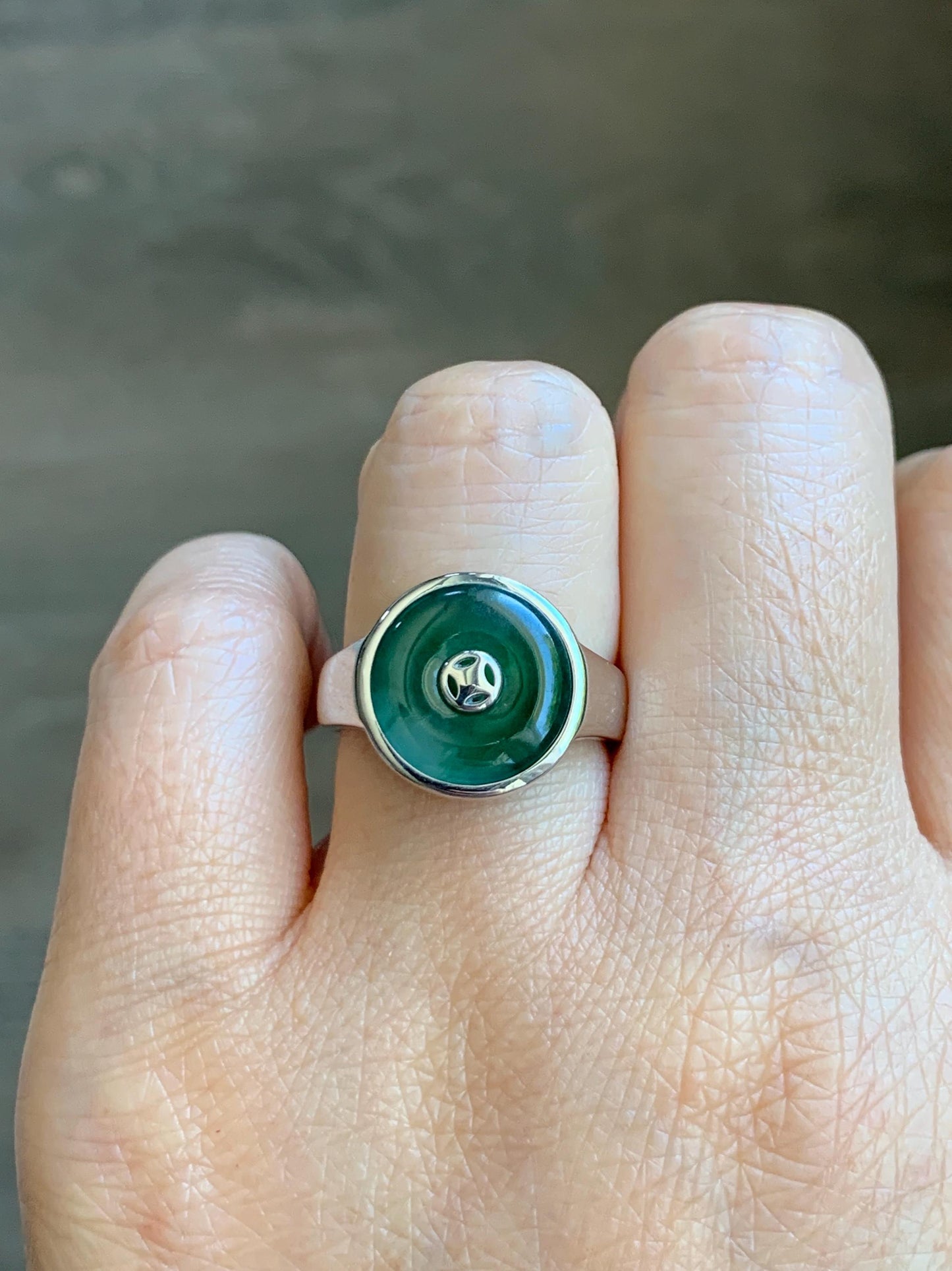 Certified Natural Grade A Icy Translucent Green Marbled Jade Jadeite Donut Ping An Kou Ring Sterling Silver Size 7.25 US 天然冰飘绿翡翠平安扣银镶戒指 239