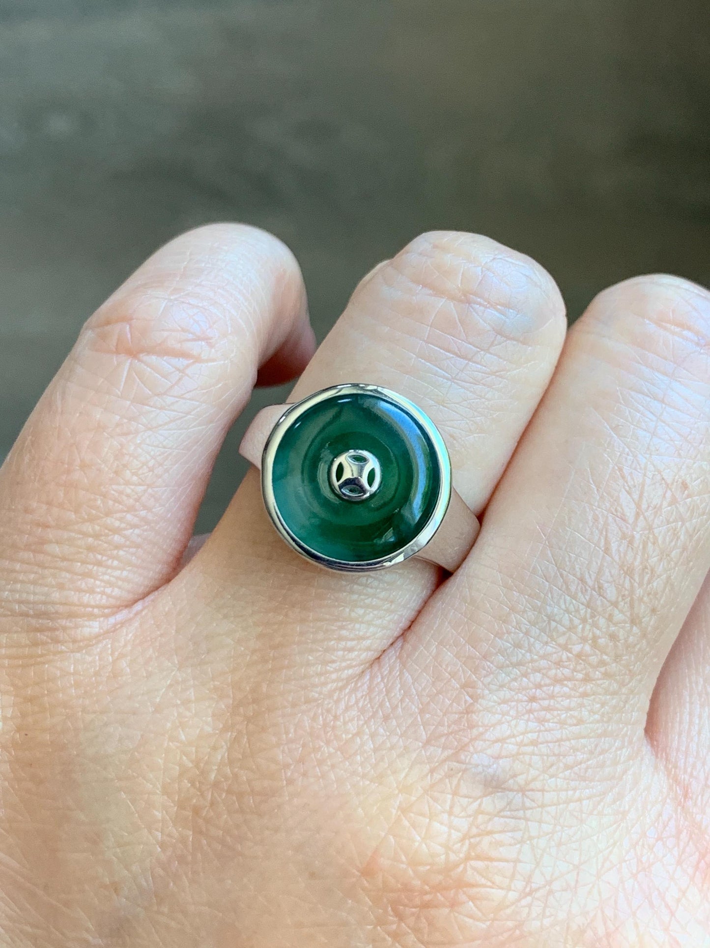 Certified Natural Grade A Icy Translucent Green Marbled Jade Jadeite Donut Ping An Kou Ring Sterling Silver Size 7.25 US 天然冰飘绿翡翠平安扣银镶戒指 239