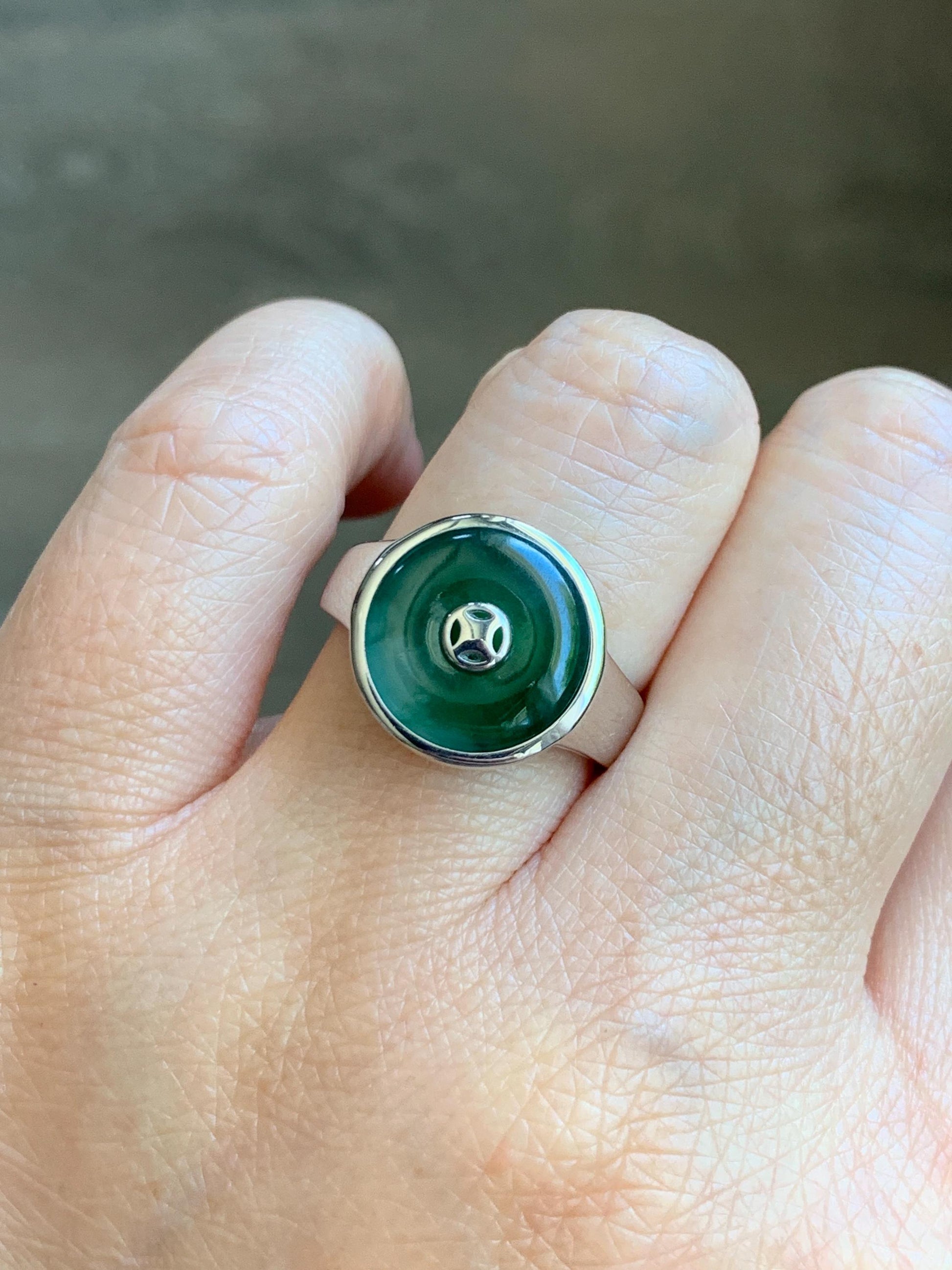 Certified Natural Grade A Icy Translucent Green Marbled Jade Jadeite Donut Ping An Kou Ring Sterling Silver Size 7.25 US 天然冰飘绿翡翠平安扣银镶戒指 239
