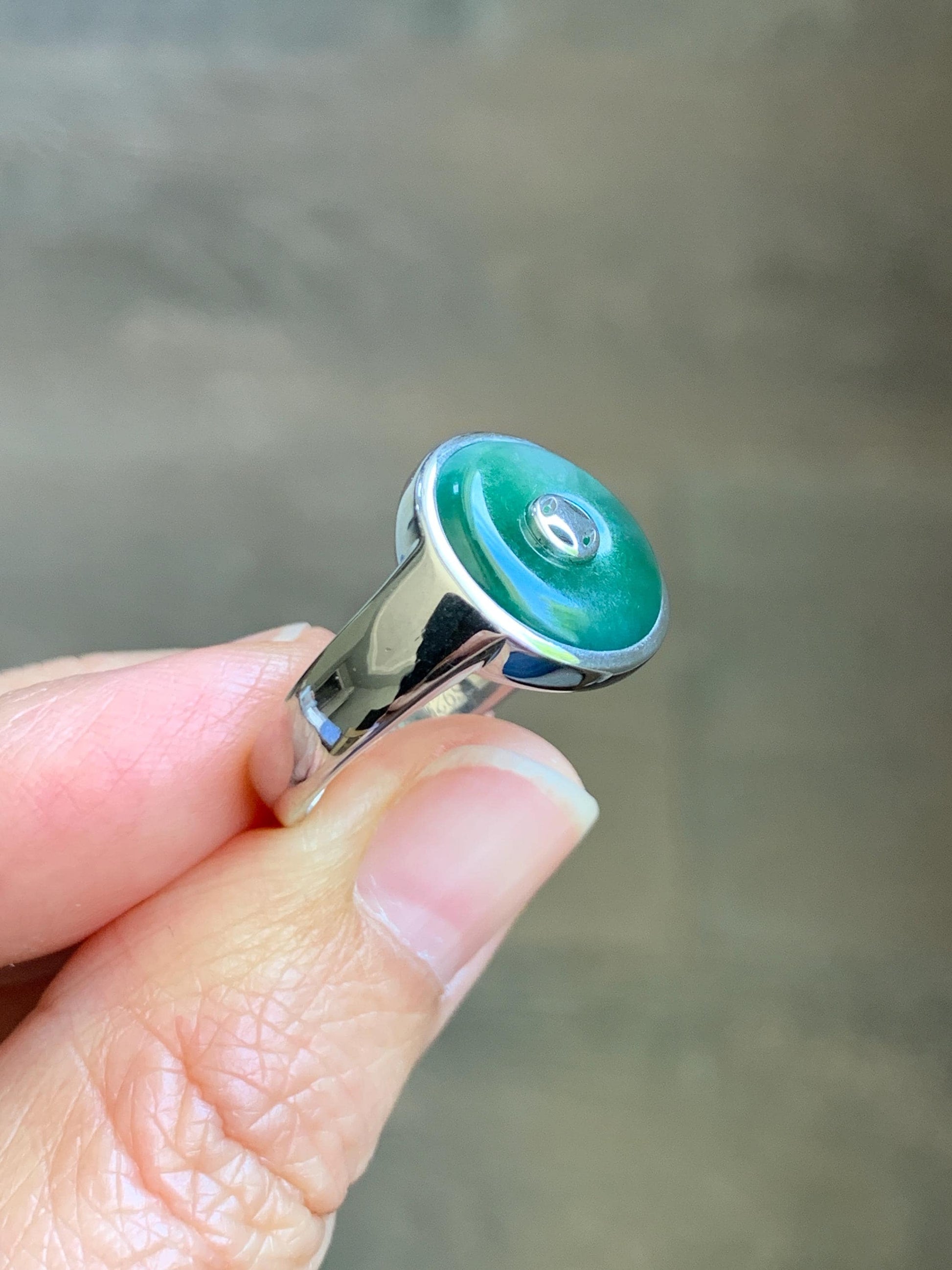 Certified Natural Grade A Icy Translucent Green Marbled Jade Jadeite Donut Ping An Kou Ring Sterling Silver Size 7.25 US 天然冰飘绿翡翠平安扣银镶戒指 239