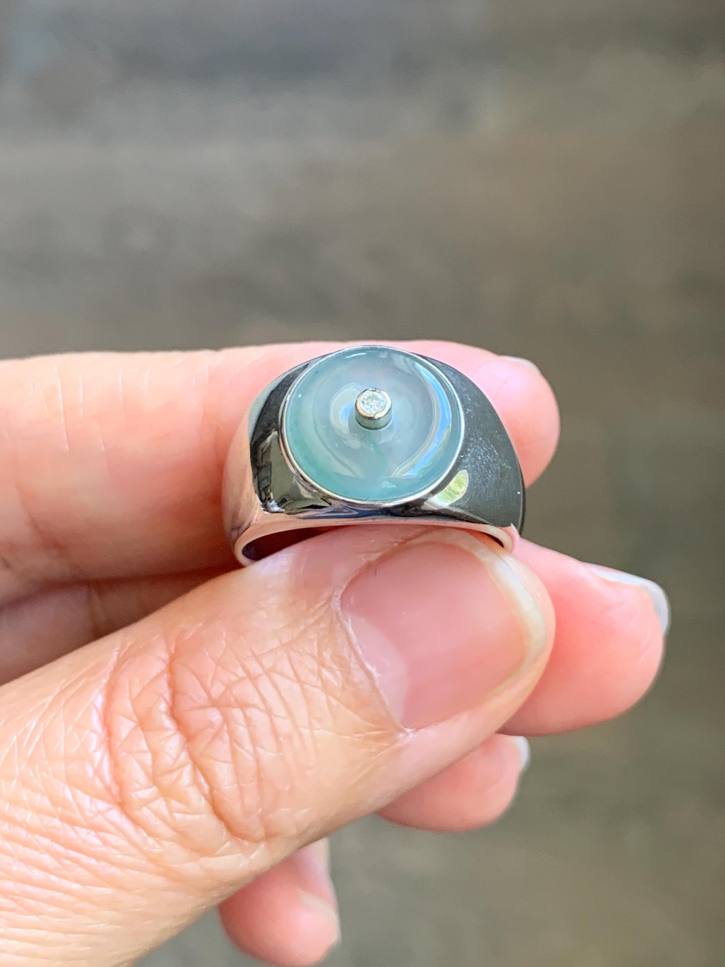 Certified Natural Grade A Icy Translucent Pastel Blue Jade Jadeite Donut Ping An Kou Ring Sterling Silver Size 7.25 US 天然冰胶淡蓝翡翠平安扣银镶戒指 227