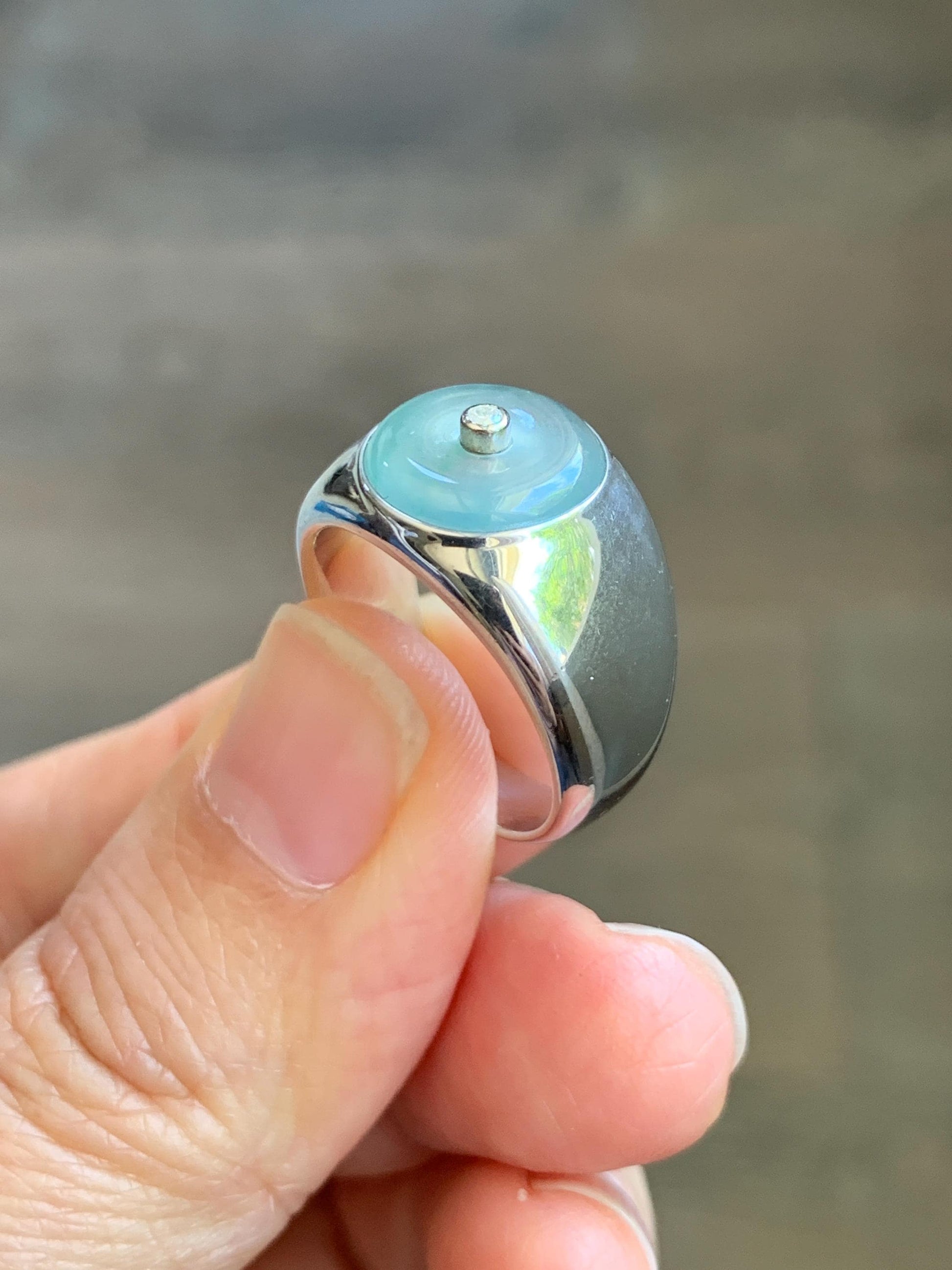 Certified Natural Grade A Icy Translucent Pastel Blue Jade Jadeite Donut Ping An Kou Ring Sterling Silver Size 7.25 US 天然冰胶淡蓝翡翠平安扣银镶戒指 227