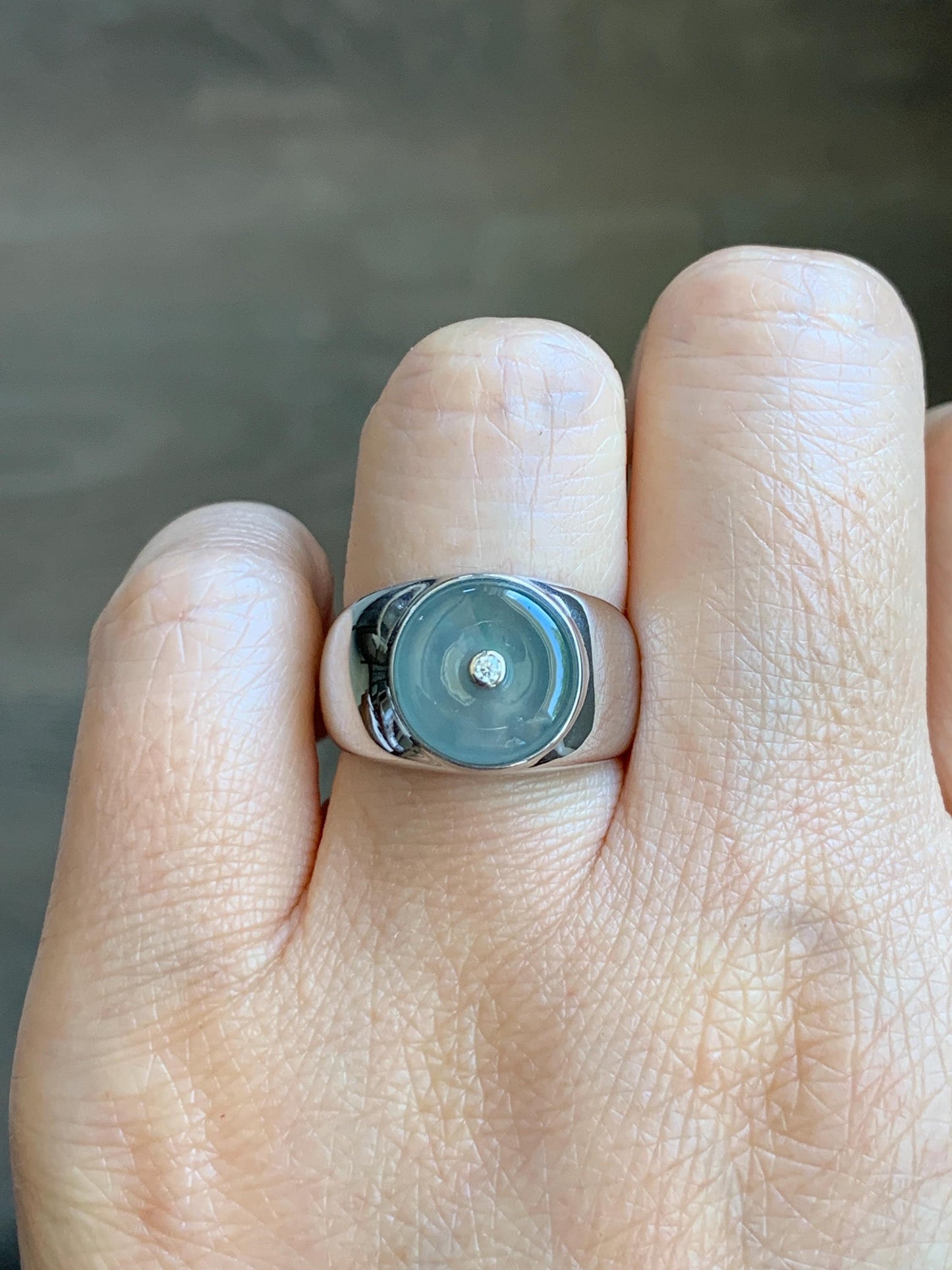 Certified Natural Grade A Icy Translucent Pastel Blue Jade Jadeite Donut Ping An Kou Ring Sterling Silver Size 7.25 US 天然冰胶淡蓝翡翠平安扣银镶戒指 227
