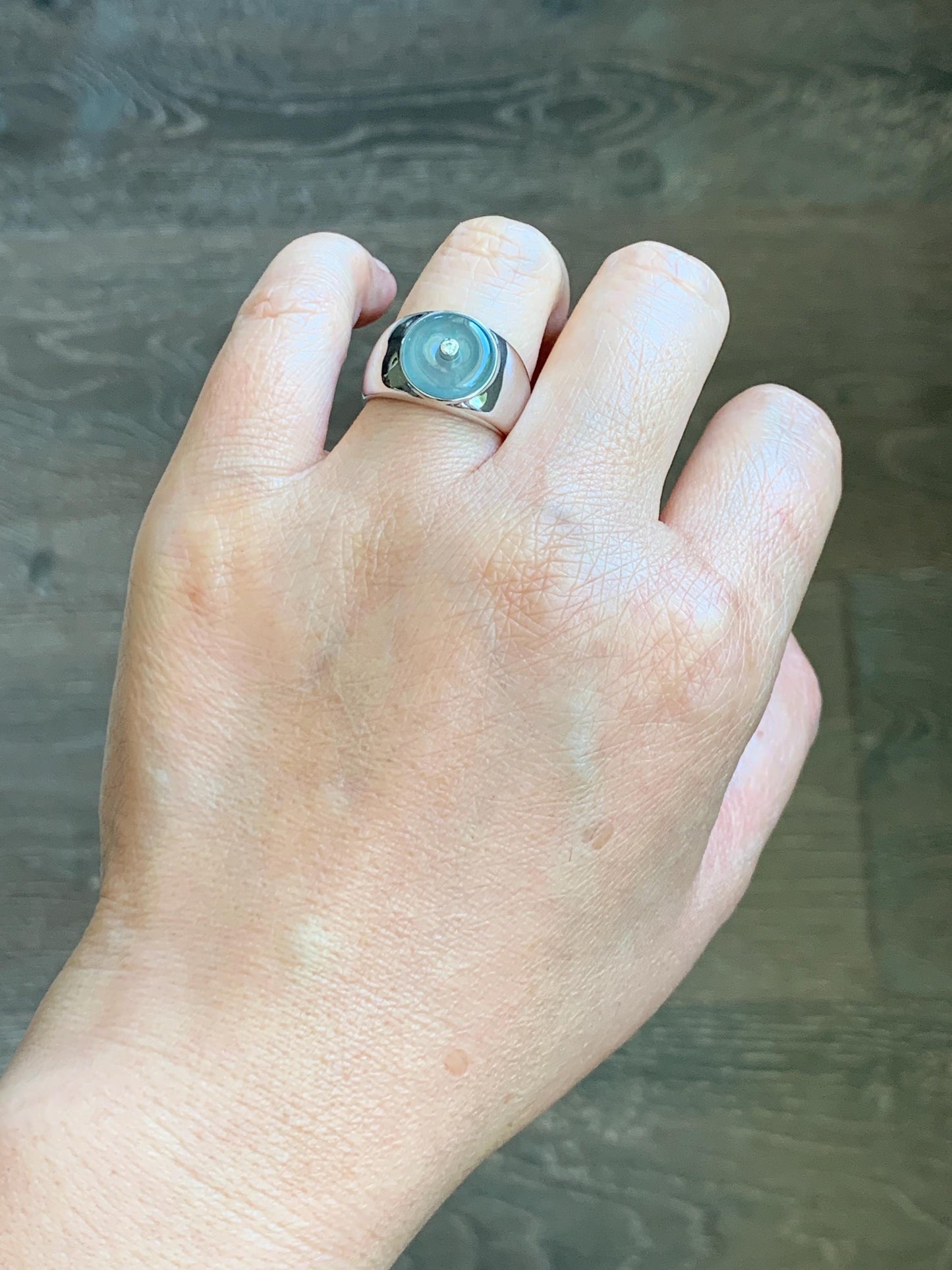 Certified Natural Grade A Icy Translucent Pastel Blue Jade Jadeite Donut Ping An Kou Ring Sterling Silver Size 7.25 US 天然冰胶淡蓝翡翠平安扣银镶戒指 227