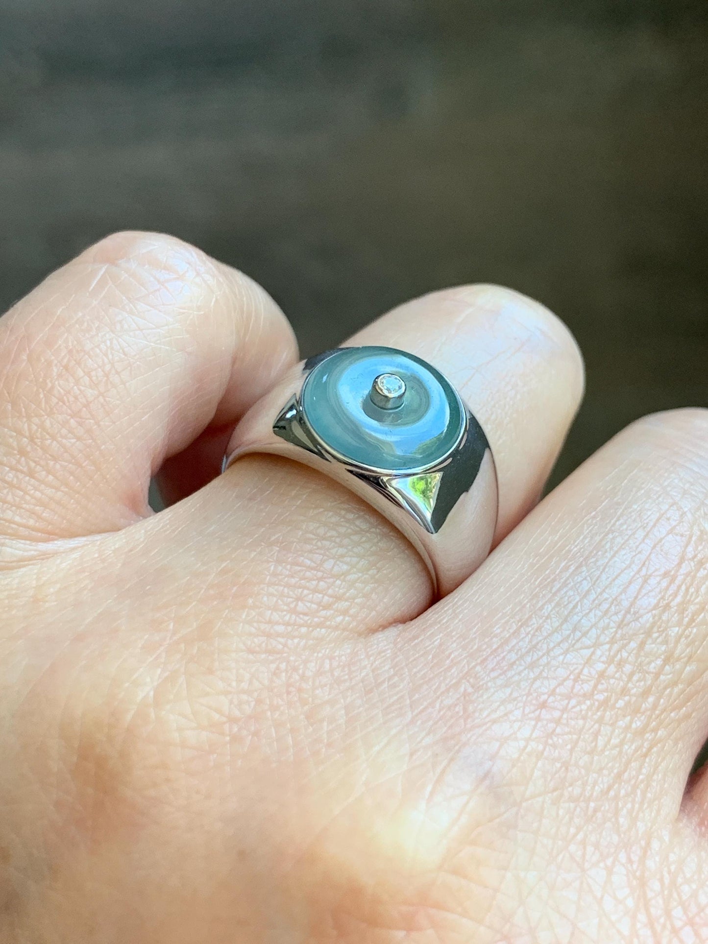 Certified Natural Grade A Icy Translucent Pastel Blue Jade Jadeite Donut Ping An Kou Ring Sterling Silver Size 7.25 US 天然冰胶淡蓝翡翠平安扣银镶戒指 227