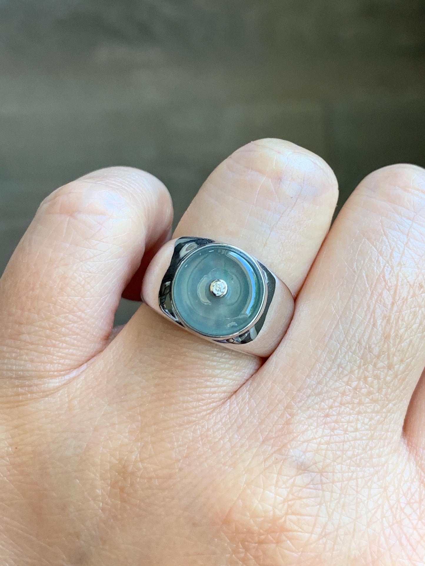 Certified Natural Grade A Icy Translucent Pastel Blue Jade Jadeite Donut Ping An Kou Ring Sterling Silver Size 7.25 US 天然冰胶淡蓝翡翠平安扣银镶戒指 227