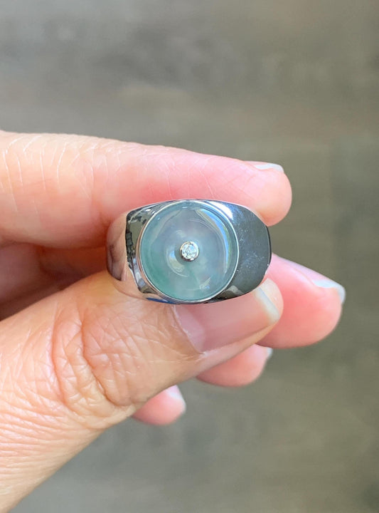 Certified Natural Grade A Icy Translucent Pastel Blue Jade Jadeite Donut Ping An Kou Ring Sterling Silver Size 7.25 US 天然冰胶淡蓝翡翠平安扣银镶戒指 227