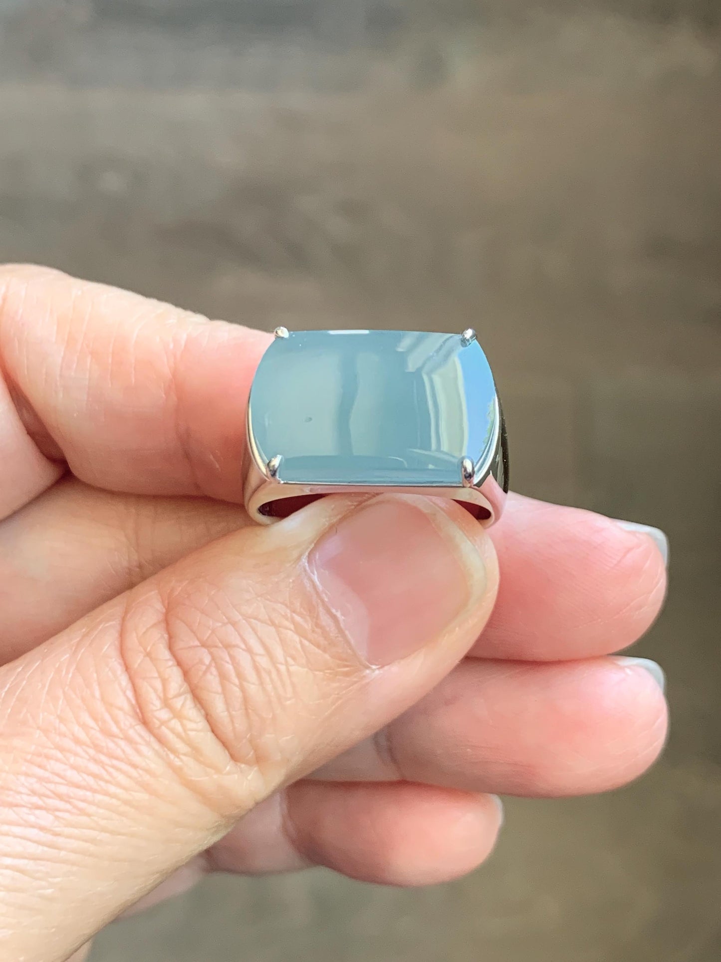 Certified Natural Grade A Guatemalan Icy Dusty Blue Jade Jadeite Saddle Ring Size 7.5 US Sterling Silver 11g Mens Ring 天然冰危蓝灰翡翠马鞍银镶戒指 222