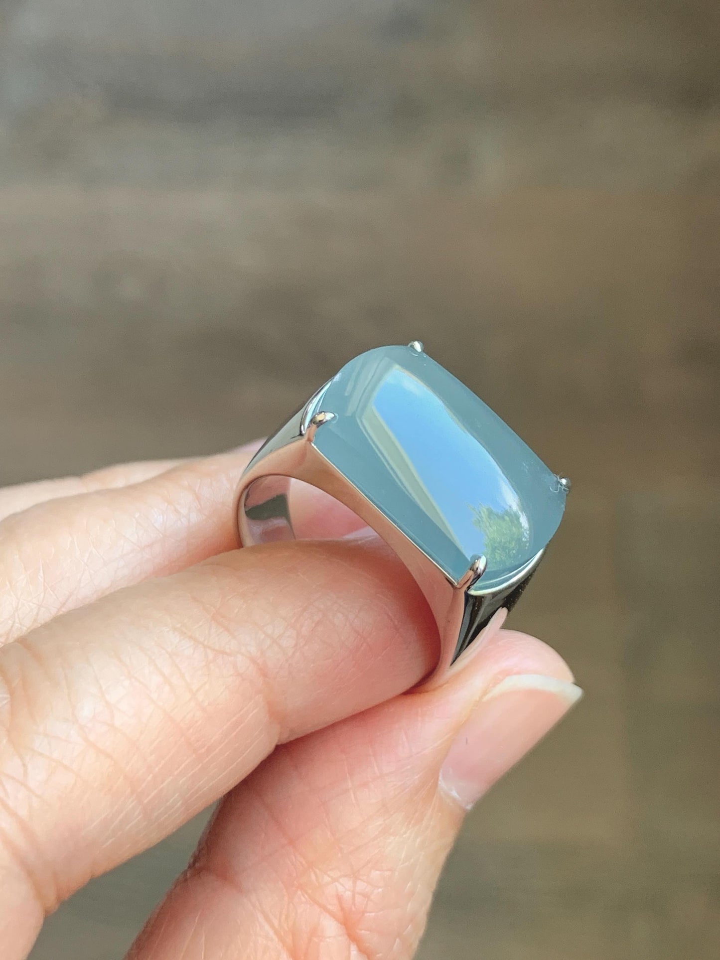 Certified Natural Grade A Guatemalan Icy Dusty Blue Jade Jadeite Saddle Ring Size 7.5 US Sterling Silver 11g Mens Ring 天然冰危蓝灰翡翠马鞍银镶戒指 222