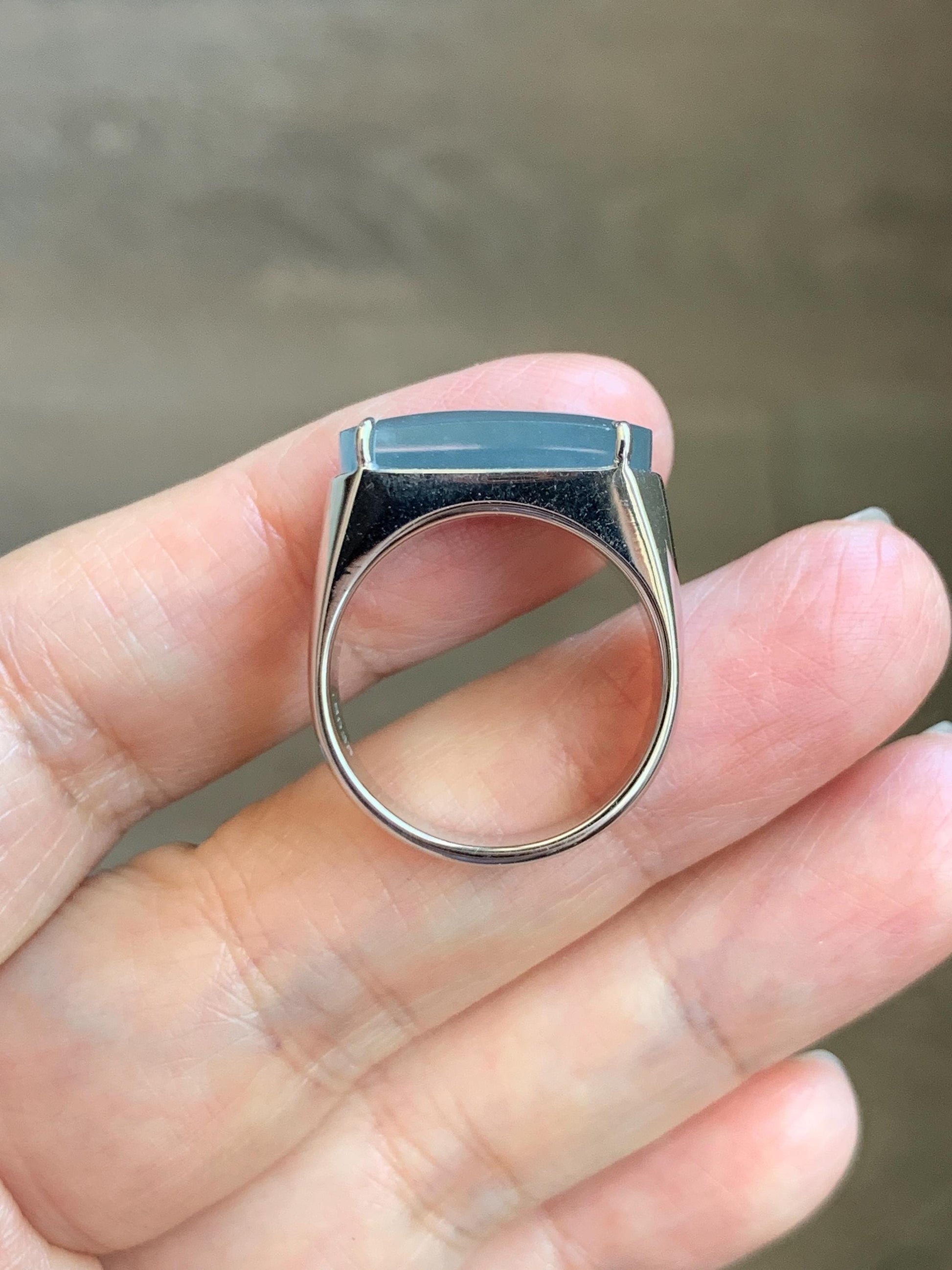 Certified Natural Grade A Guatemalan Icy Dusty Blue Jade Jadeite Saddle Ring Size 7.5 US Sterling Silver 11g Mens Ring 天然冰危蓝灰翡翠马鞍银镶戒指 222