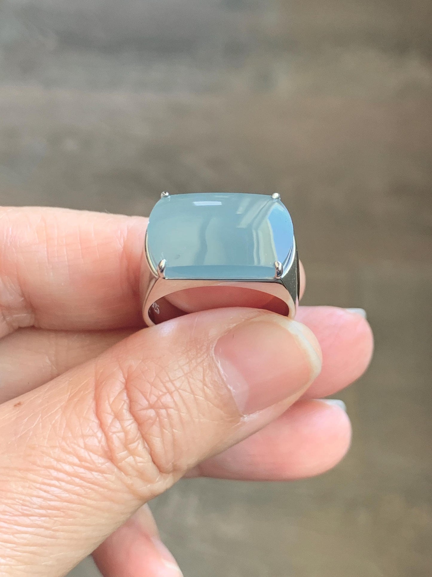 Certified Natural Grade A Guatemalan Icy Dusty Blue Jade Jadeite Saddle Ring Size 7.5 US Sterling Silver 11g Mens Ring 天然冰危蓝灰翡翠马鞍银镶戒指 222