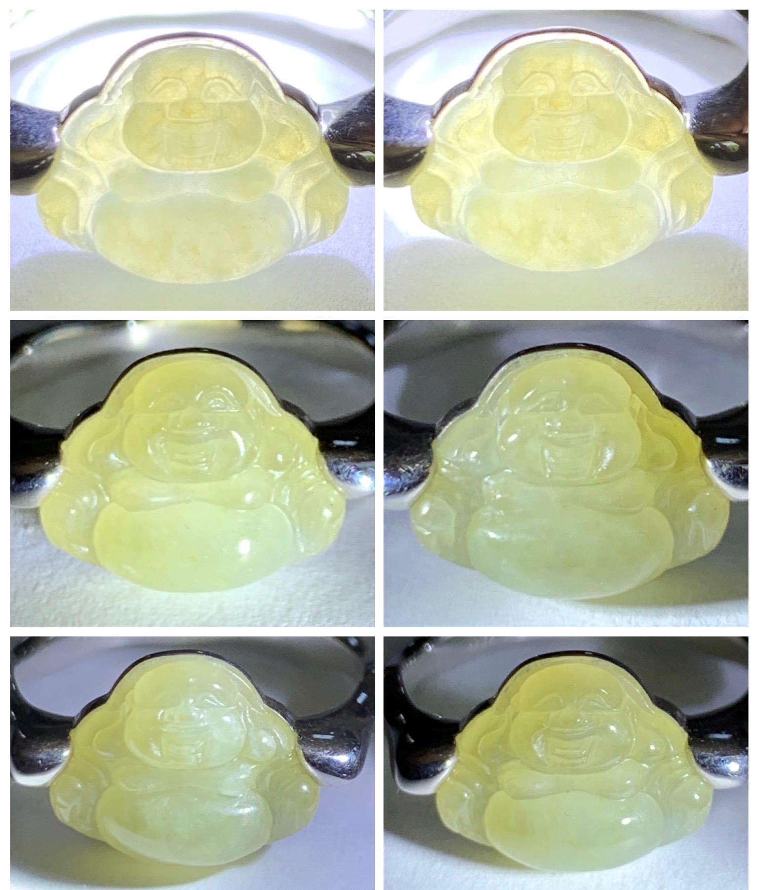 Certified Natural Grade A Icy Translucent Pastel Yellow Jade Jadeite Buddha Bamboo Ring Sterling Silver Size 7.25 US 天然冰糖黄翡翠佛公竹节款戒指 230