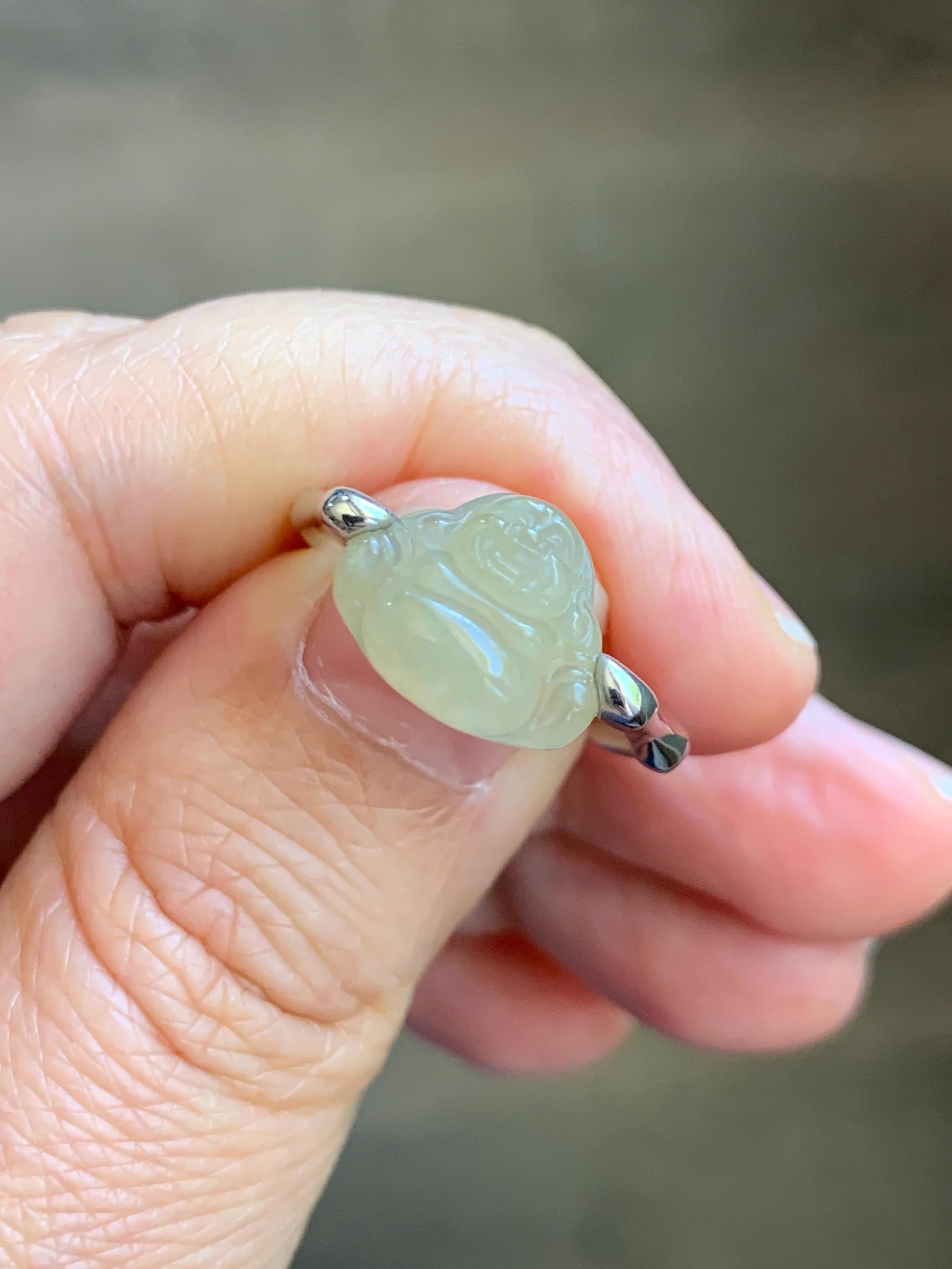 Certified Natural Grade A Icy Translucent Pastel Yellow Jade Jadeite Buddha Bamboo Ring Sterling Silver Size 7.25 US 天然冰糖黄翡翠佛公竹节款戒指 230