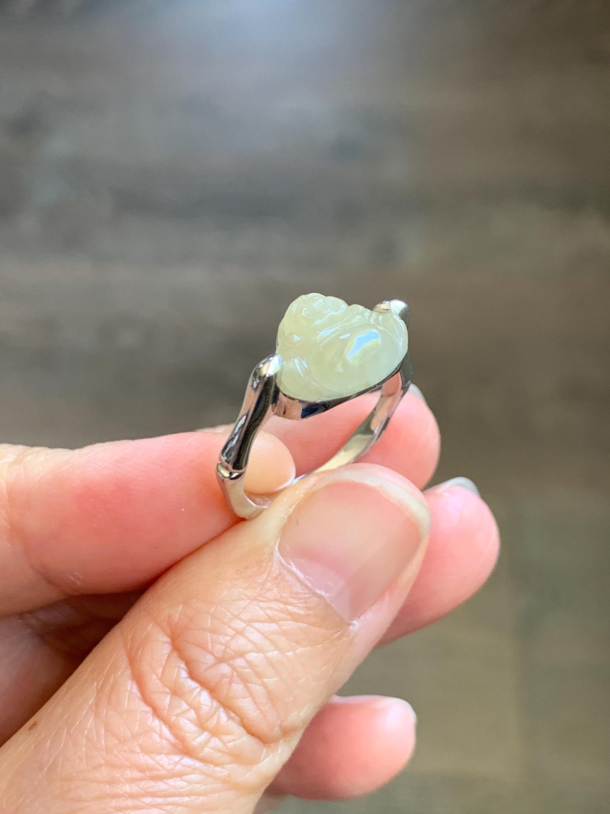 Certified Natural Grade A Icy Translucent Pastel Yellow Jade Jadeite Buddha Bamboo Ring Sterling Silver Size 7.25 US 天然冰糖黄翡翠佛公竹节款戒指 230