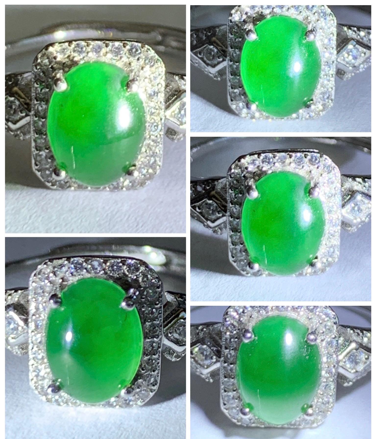 Natural Grade A Guatemalan Icy Translucent Vibrant Green Jade Jadeite Halo Ring Sterling Silver Size Adjustable 天然冰危绿翡翠戒指 WLO110