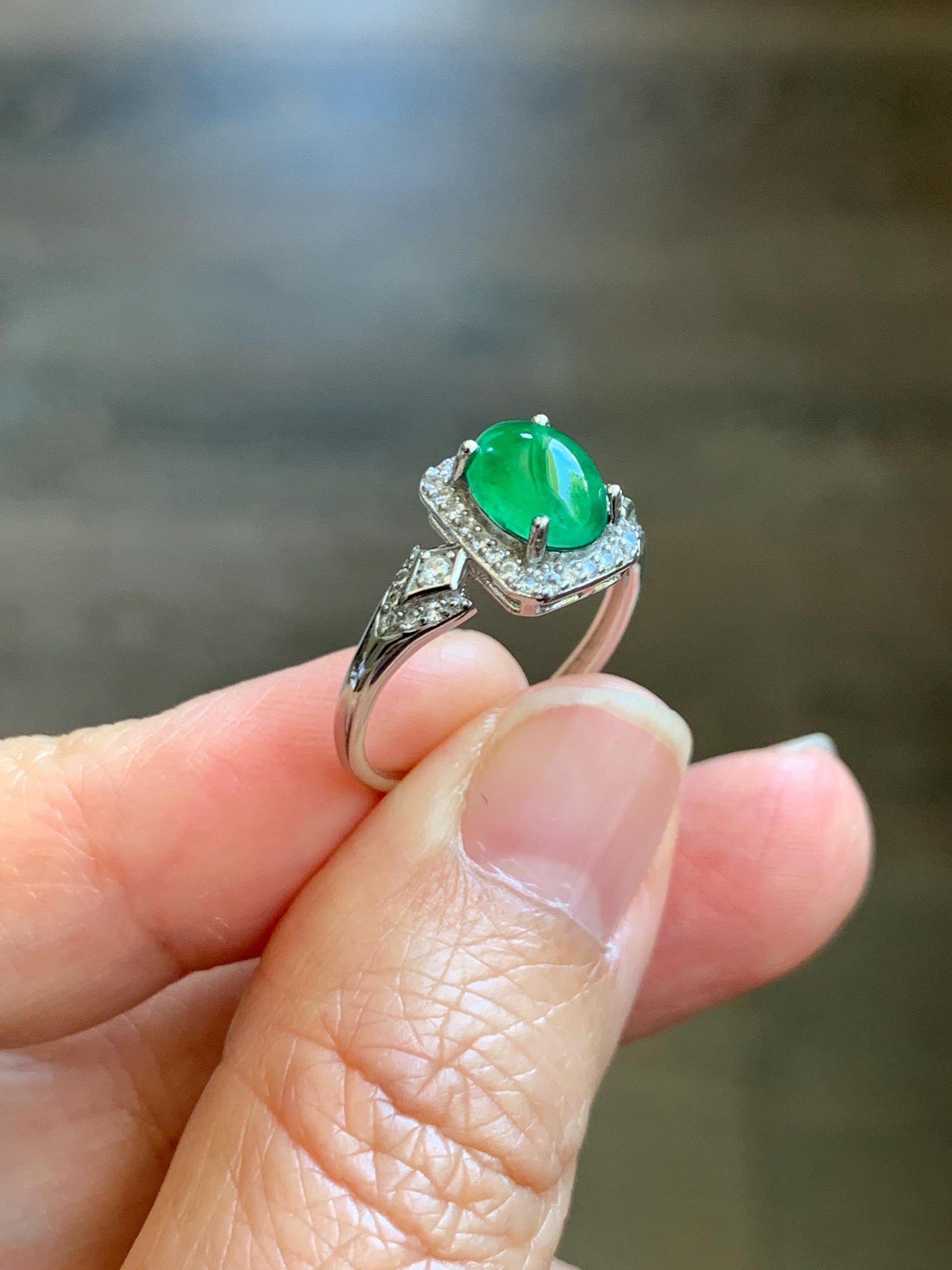 Natural Grade A Guatemalan Icy Translucent Vibrant Green Jade Jadeite Halo Ring Sterling Silver Size Adjustable 天然冰危绿翡翠戒指 WLO110