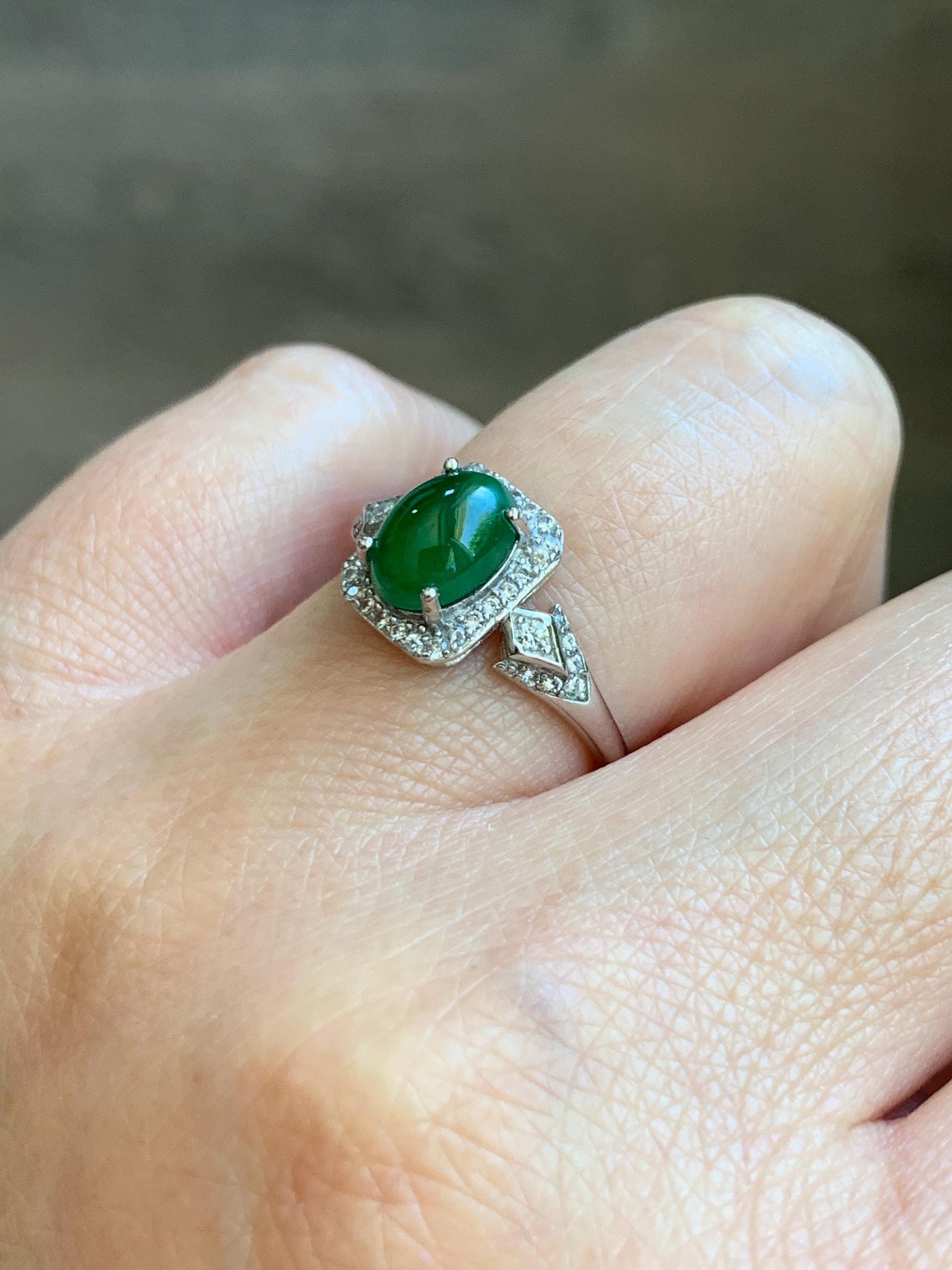 Natural Grade A Guatemalan Icy Translucent Vibrant Green Jade Jadeite Halo Ring Sterling Silver Size Adjustable 天然冰危绿翡翠戒指 WLO110